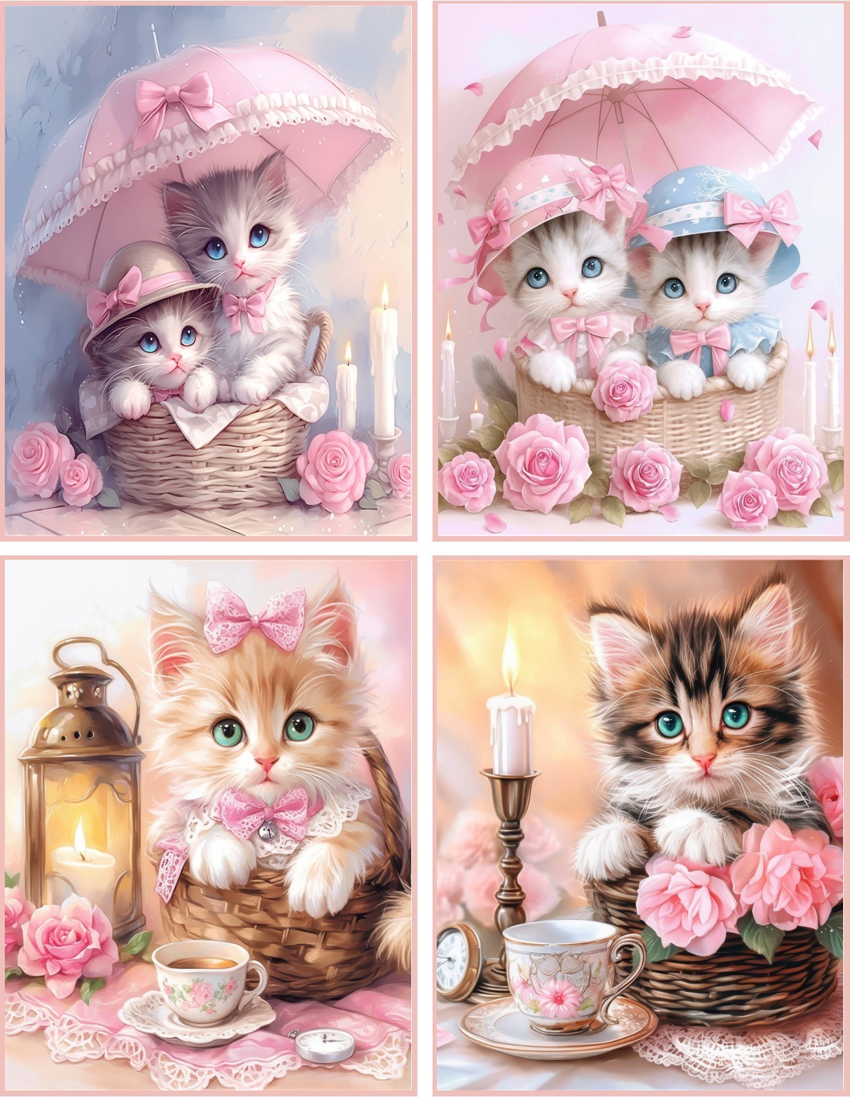 8 Cat Kitty Kitten Shabby Chic parasol flowers roses glossy blank Note Card