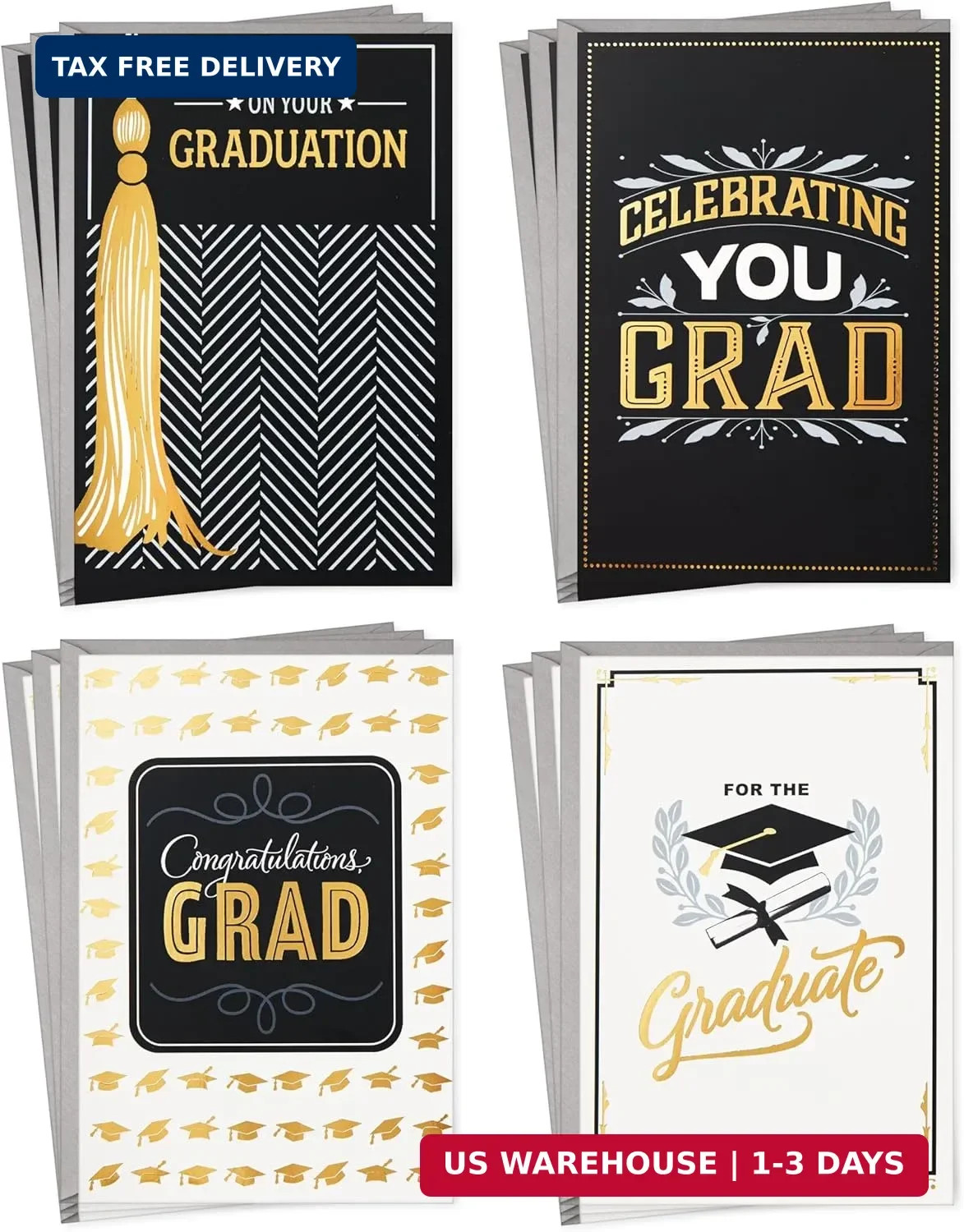 Hallmark Graduation Cards Assortment, Black and Gold, Congratulations Grad (12 C