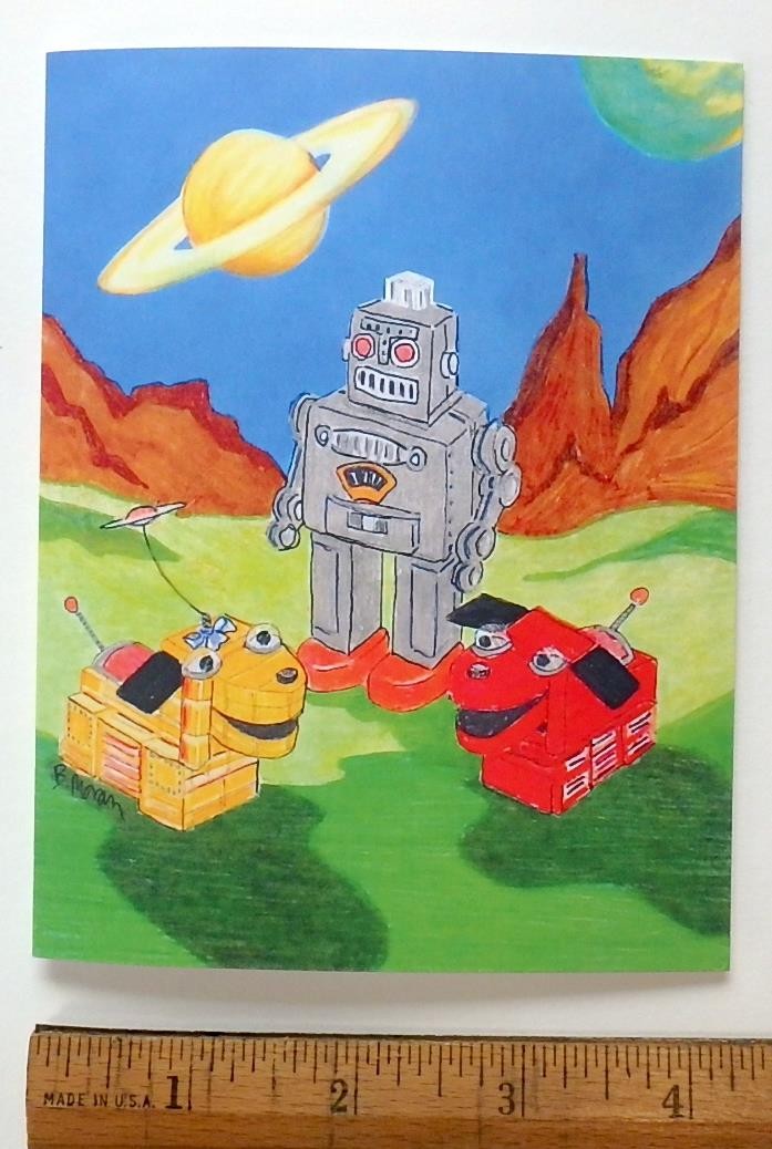 Vintage Japanese Space Toy Original Artist Print Note Cards- Space Dogs