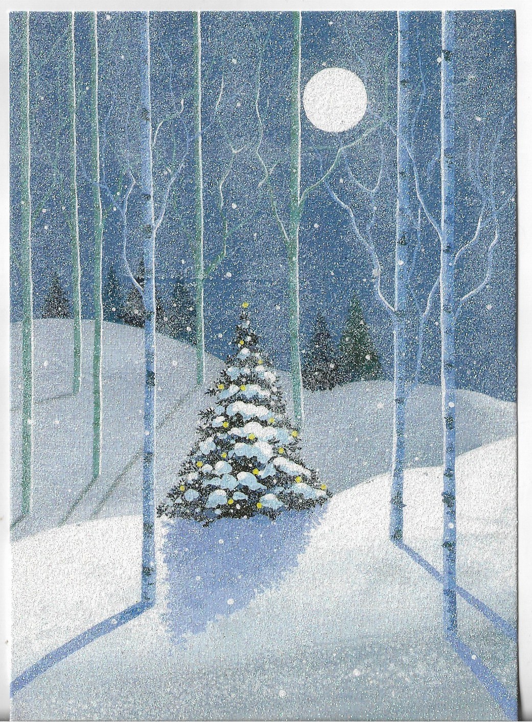 NEW CHRISTMAS CARD 5×7 Glittered Trees in the Snow and Under the Moon