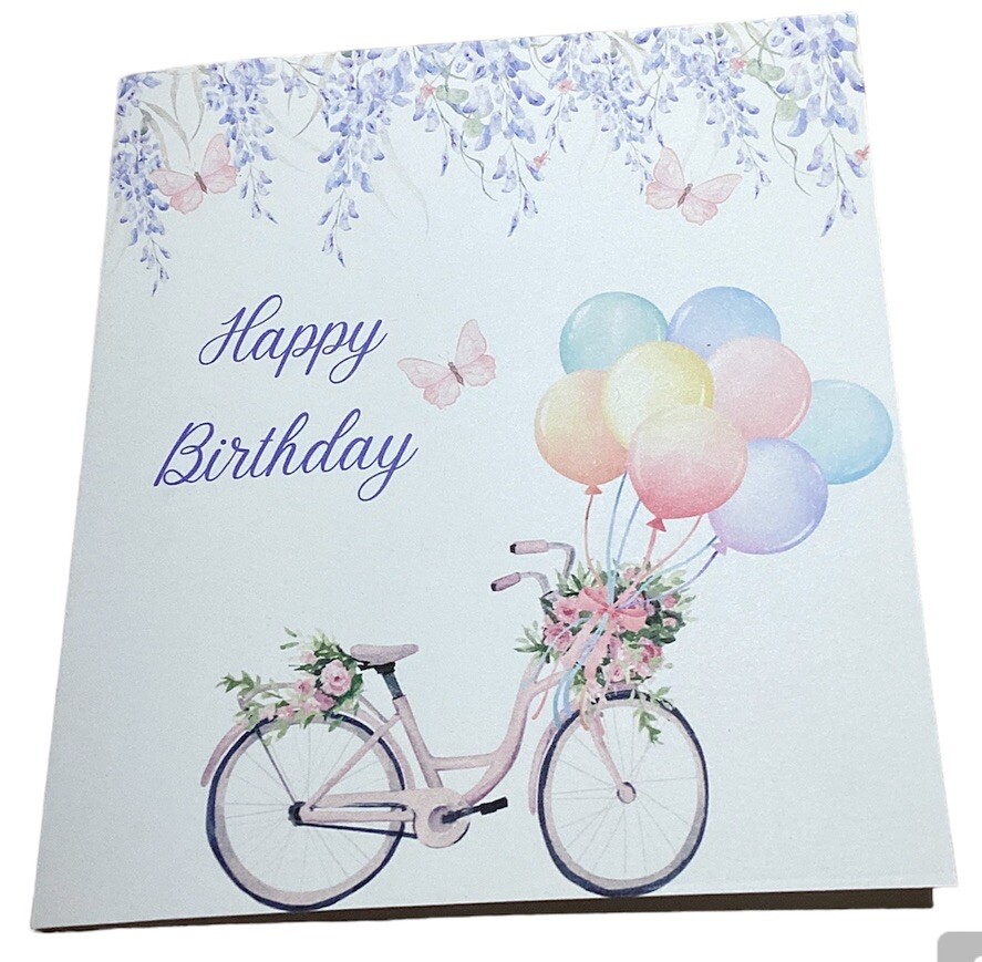 5×5 Inches Happy Birthday Greeting Card Bicycle Flowers Balloons Cute Pastel