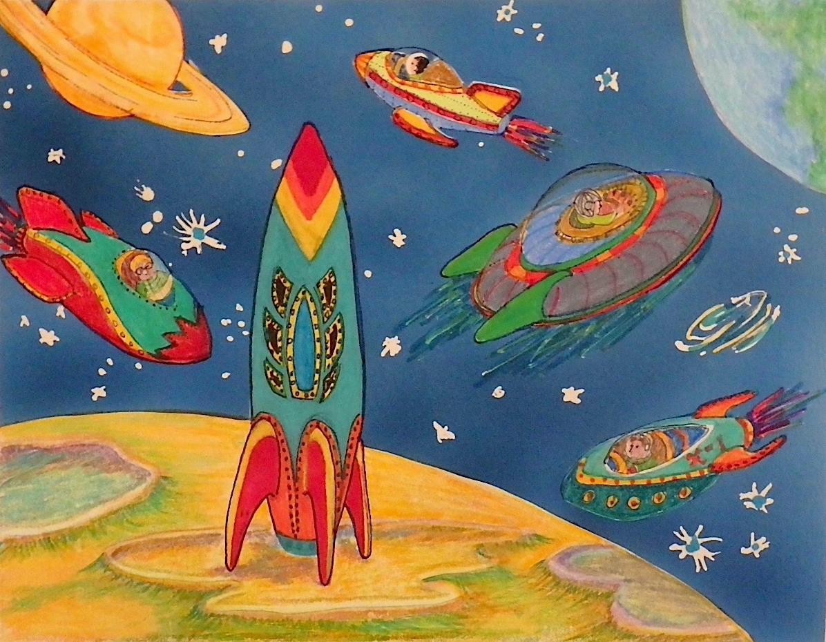 Vintage Japanese Space Toy Original Artist Print Note Cards-Rockets in Space