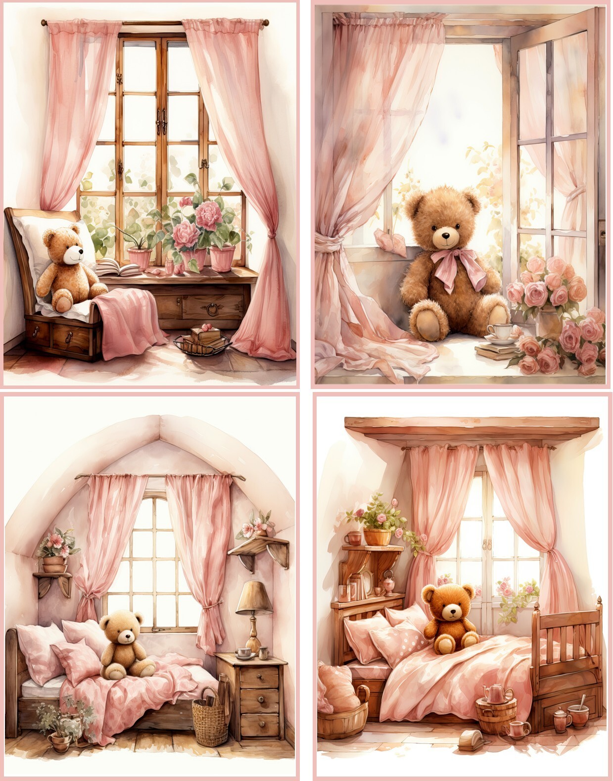 8 Teddy Bear Shabby Chic pink bedroom glossy blank fold out note card envelope