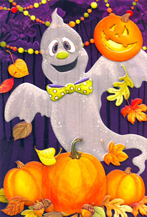 Pictura Silly Ghost Wearing Green Polka Dot Bowtie Halloween Card