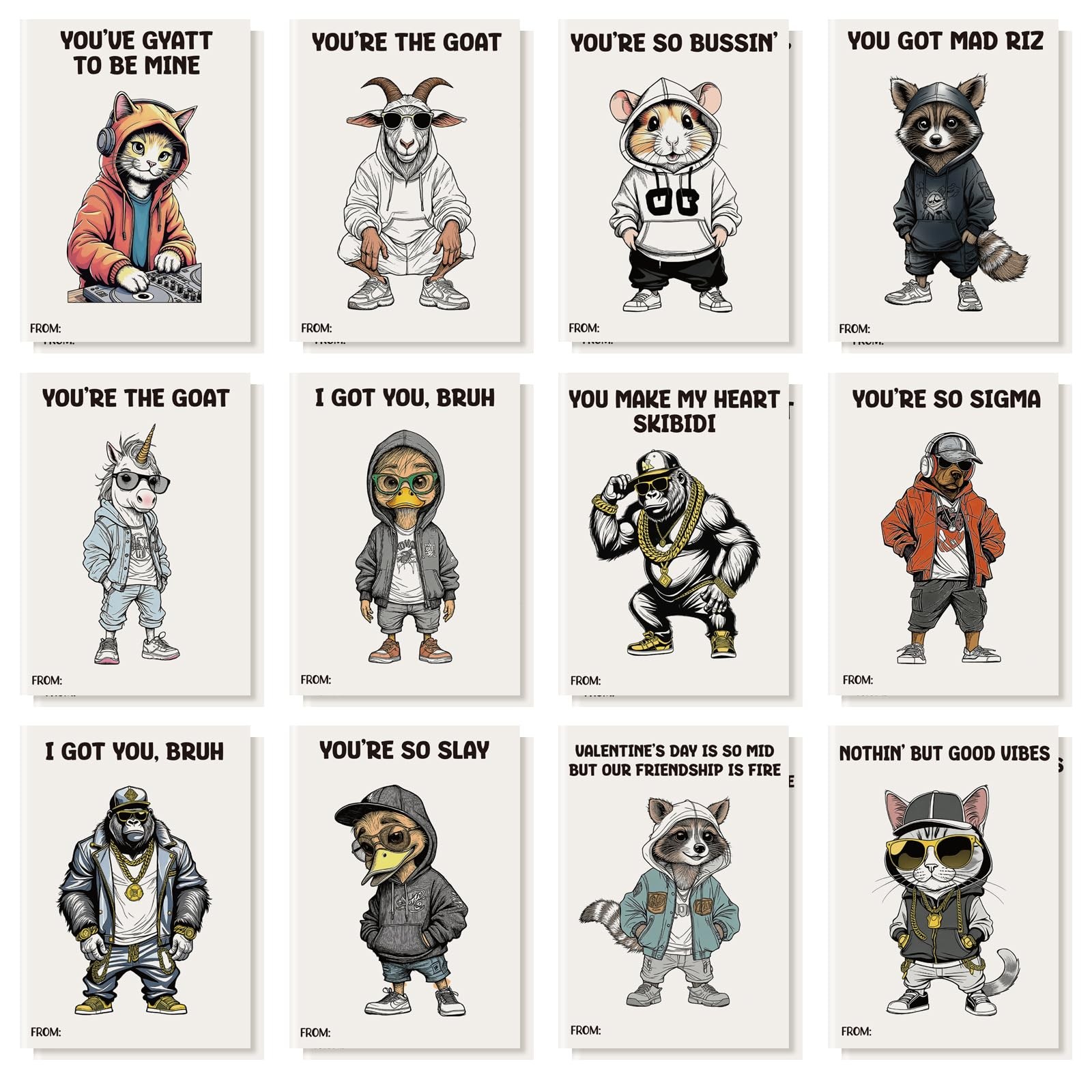 24 Set Mini Valentines Day Cards with Envelopes Animal Retro Hip Hop Slang Fu…