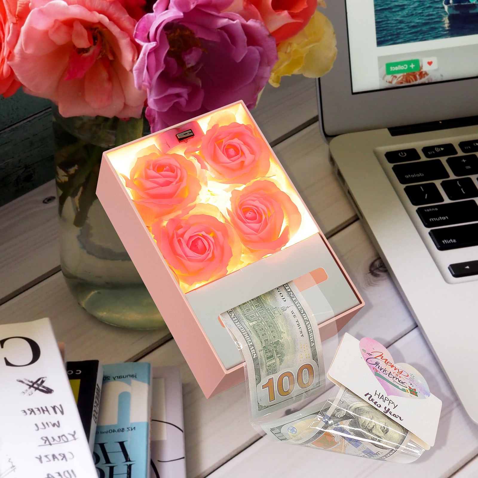 Beige Money Box Cash Gift Pull Soap Rose Flower Greeting Cards Graduation