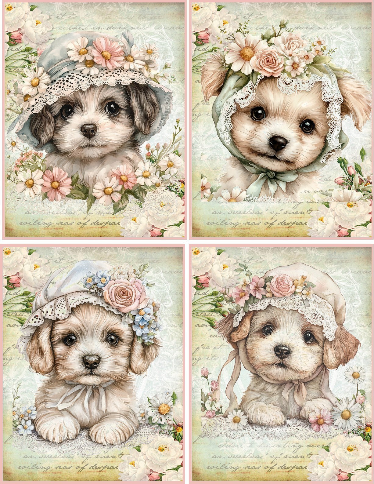 8 Puppy Dog shabby chic flowers hats glossy blank fold out note cards envelopes