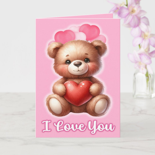 I Love You – 5.5″ x 8.5″ Cute Teddy Bear Pink Heart Romantic Card