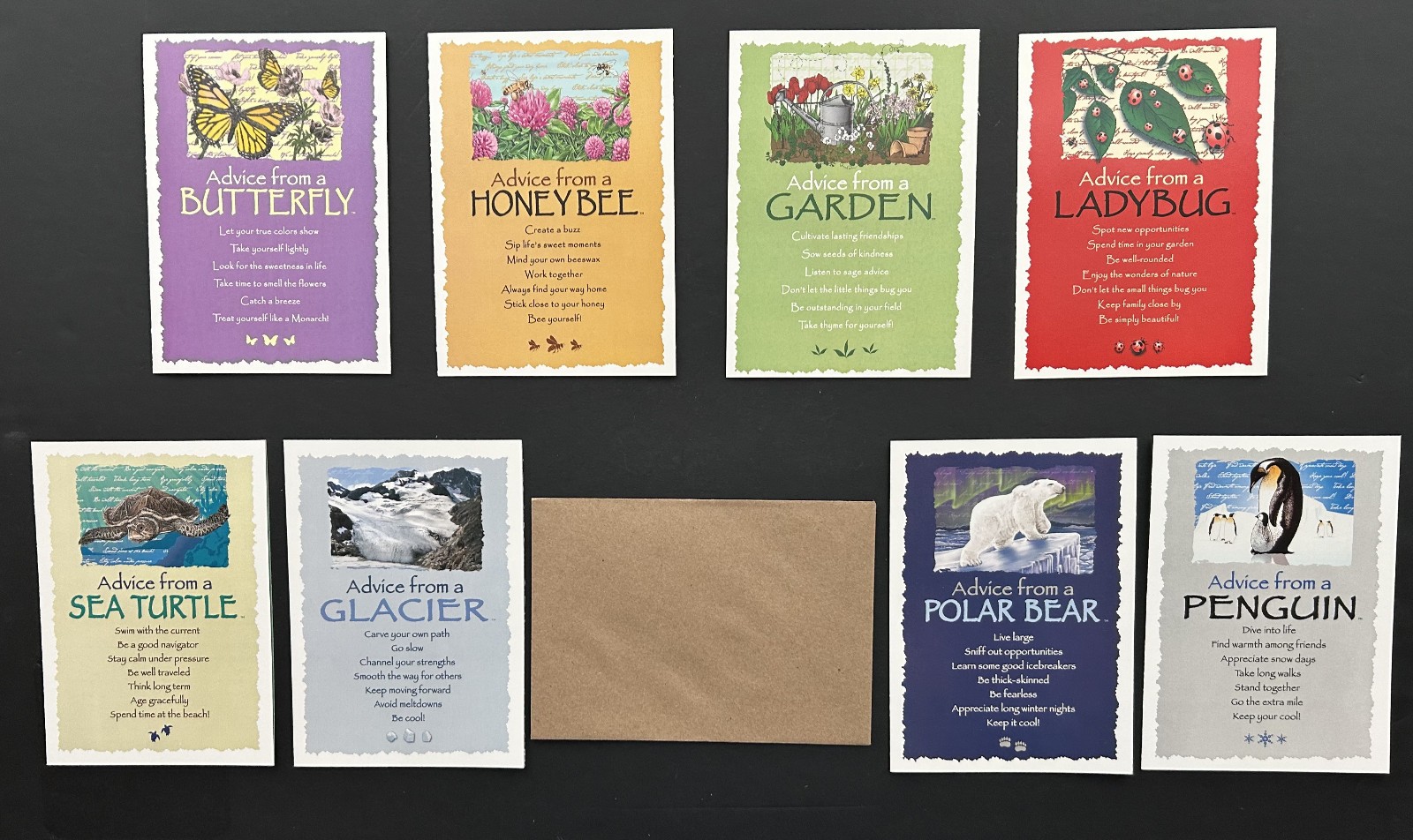 SET OF 8 “ADVICE FROM” BLANK NOTE CARDS + ENVELOPES, 8 DIFFERENT DESIGNS