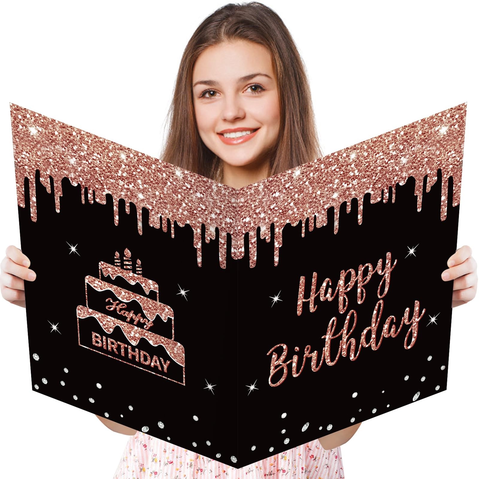 Jumbo happy Birthday Card for Women Girls Kids Large Rose Gold Birthday Guest B