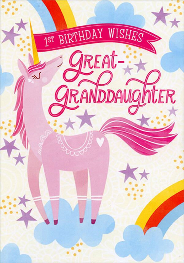 Pink Unicorn Rainbows and Blue Clouds 1st Birthday Card for Great-Granddaughter