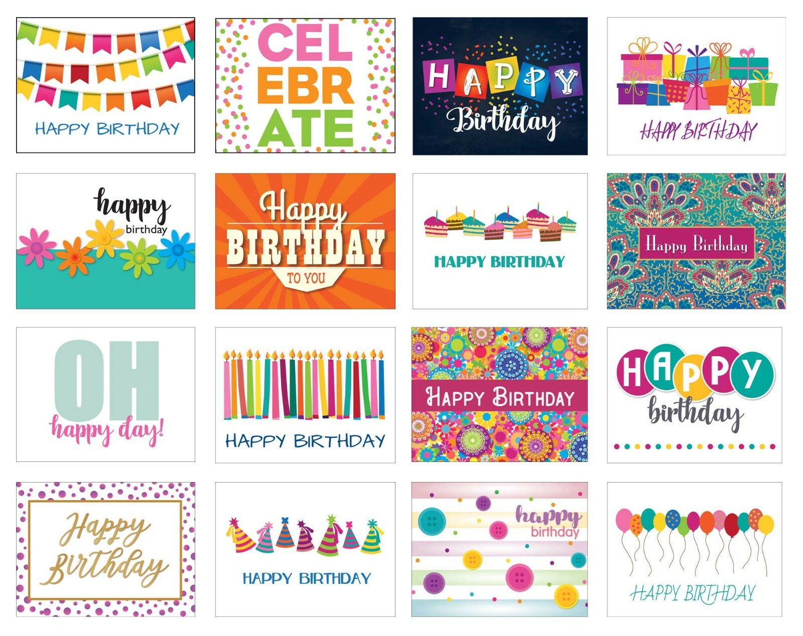 Assorted Birthday Theme Cards -USA Made- 16 Different Designs – B14900