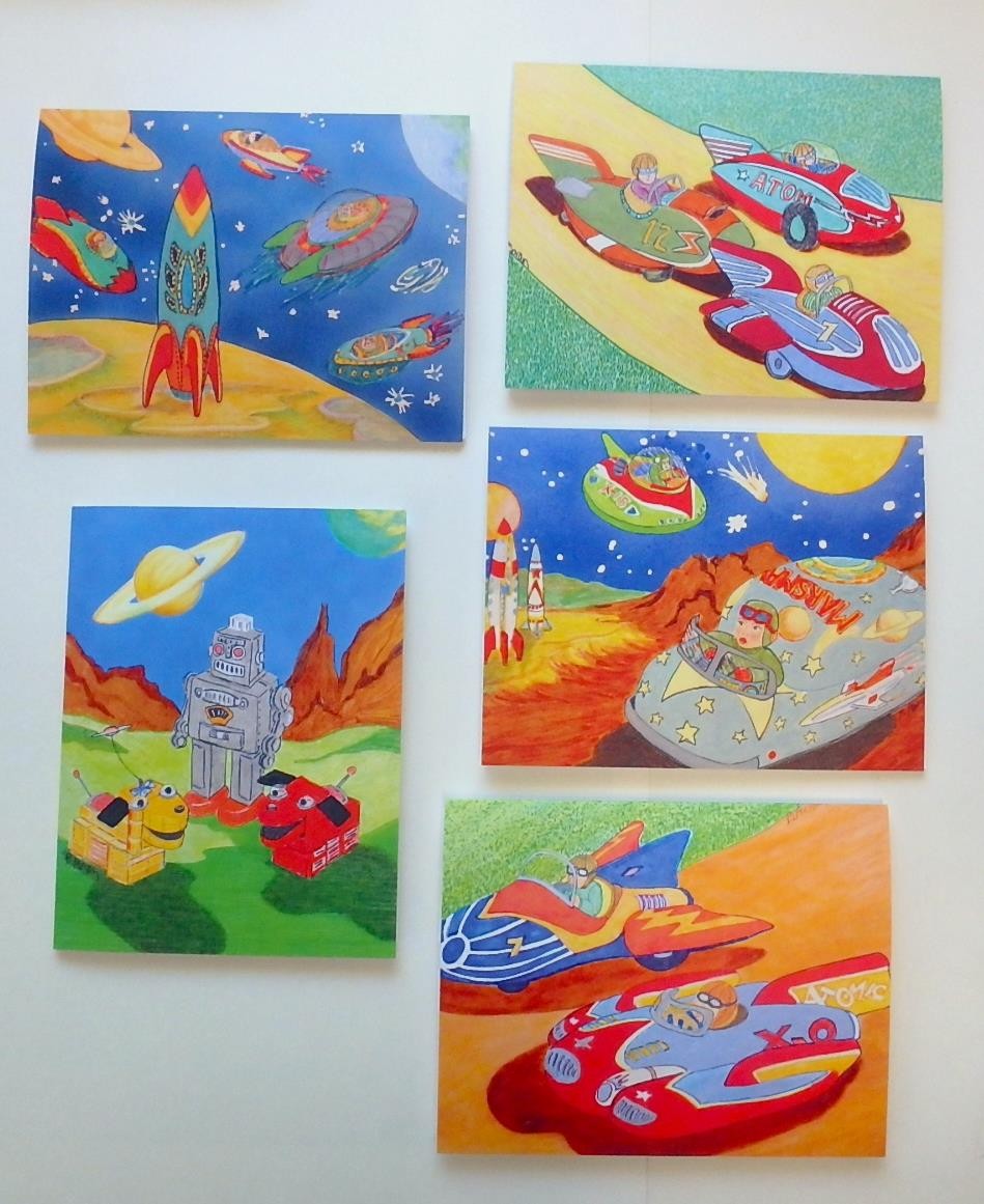 Set of 5 Artist’s Note Cards-1950’s Japan Space Toys, Rockets, MarsMan, Robots