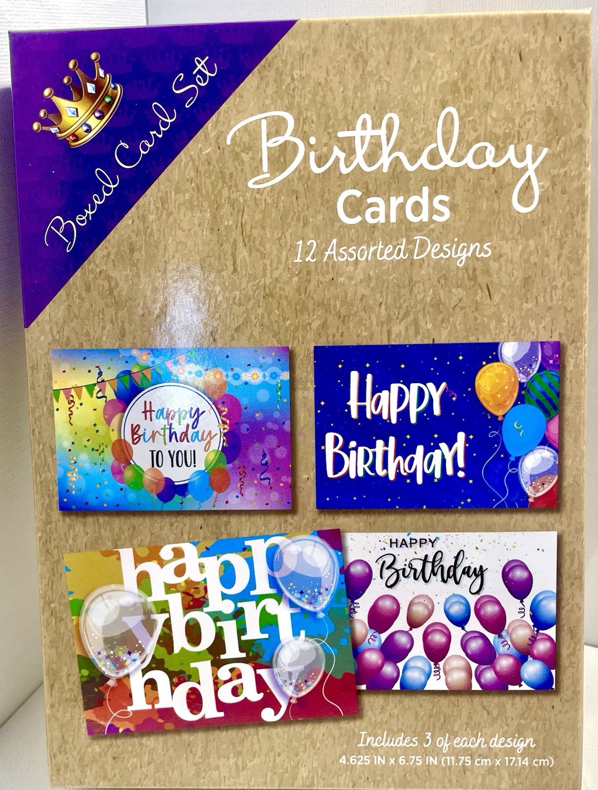 Crownjewlz 12 Birthday Cards Box Set w/ Envelopes, 3 each of 4 Colorful designs