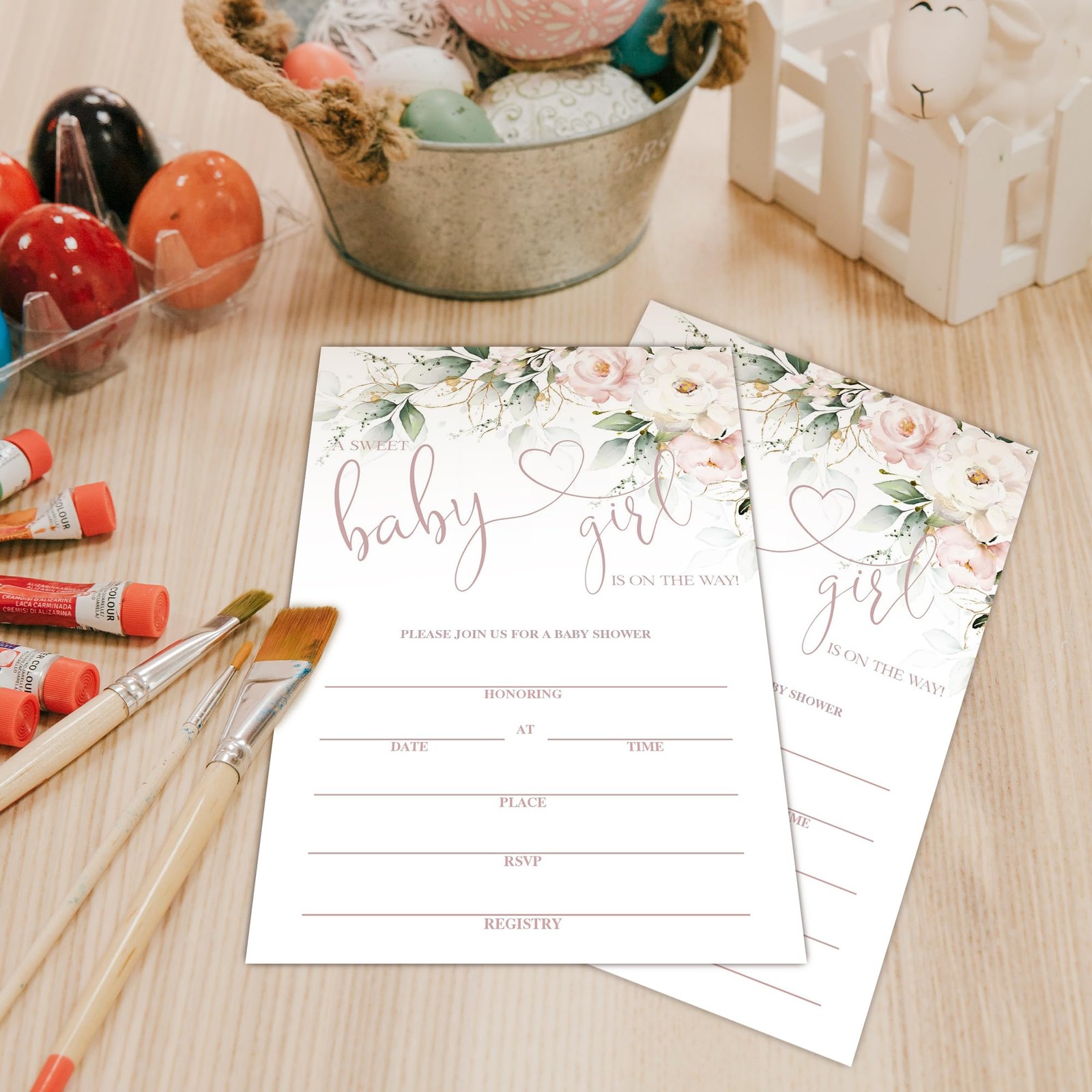 25 PCS Baby Shower Invitations Sweet Girl Floral Fill In Invites With Envelope