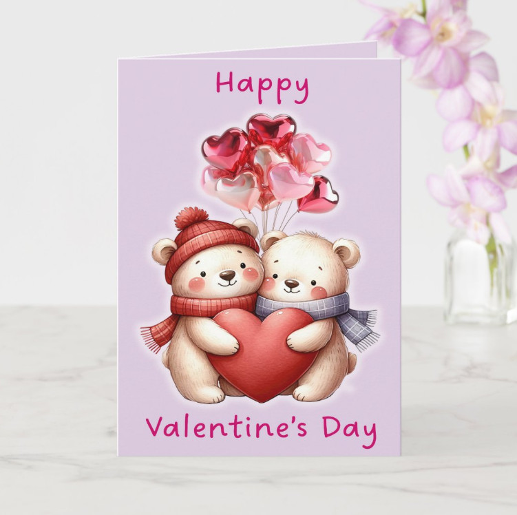 Happy Valentine’s Day! – 5.5″ x 8.5″ Cute Teddy Bear Pink Heart Romantic Card