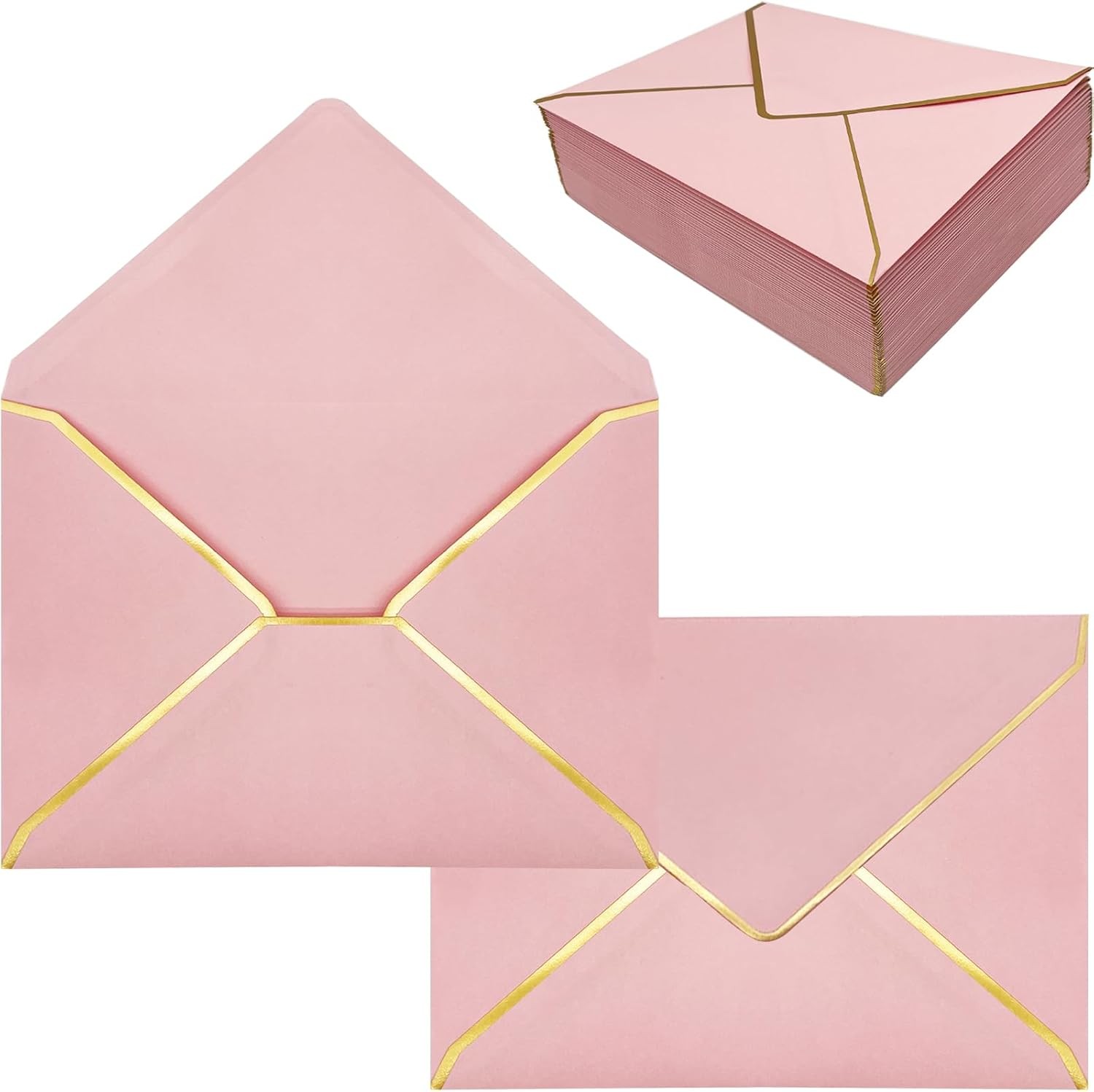 5X7 Envelopes for Invitations with Gold Border, 50 Pack A7 Envelopes with V-Flap