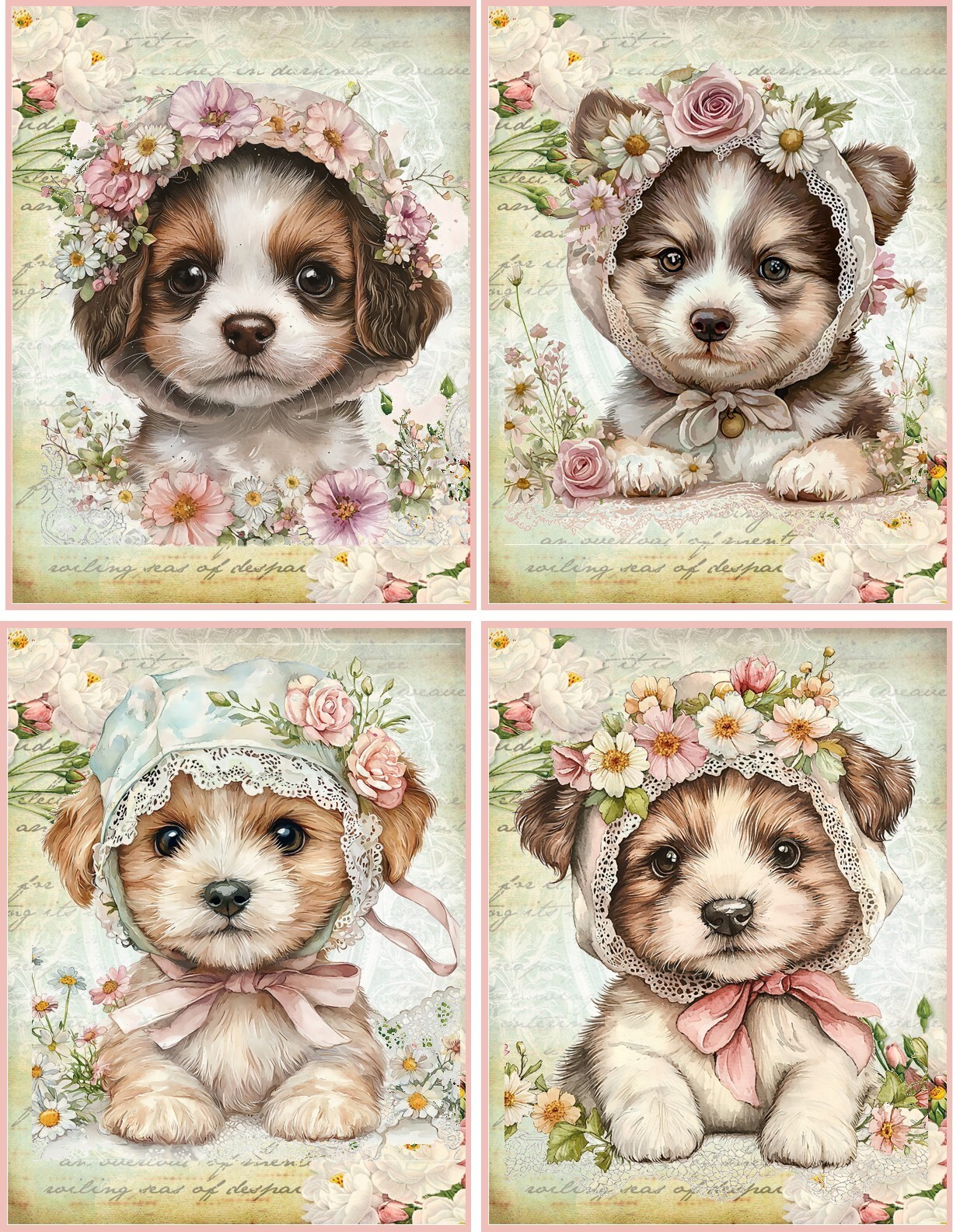 8 Puppy dog shabby chic vintage glossy blank fold out note card envelope