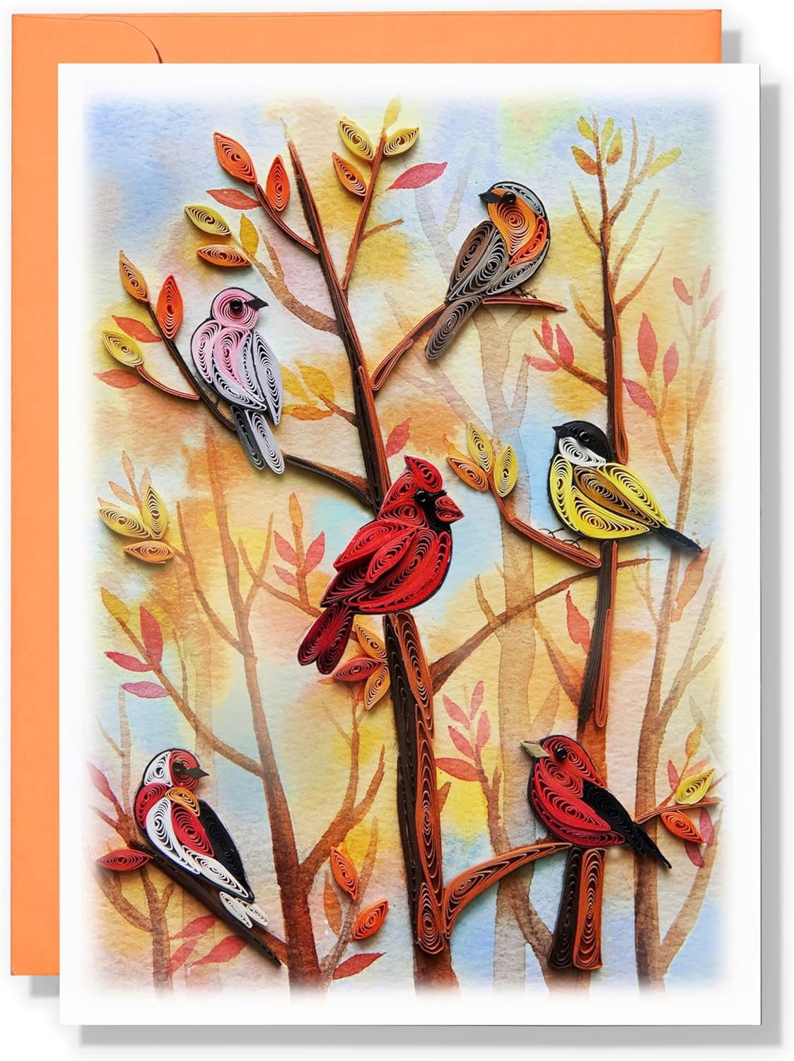 Autumn Tree and Thanksgiving Card, Quilling Art, Birds and Season Themed, Waterc