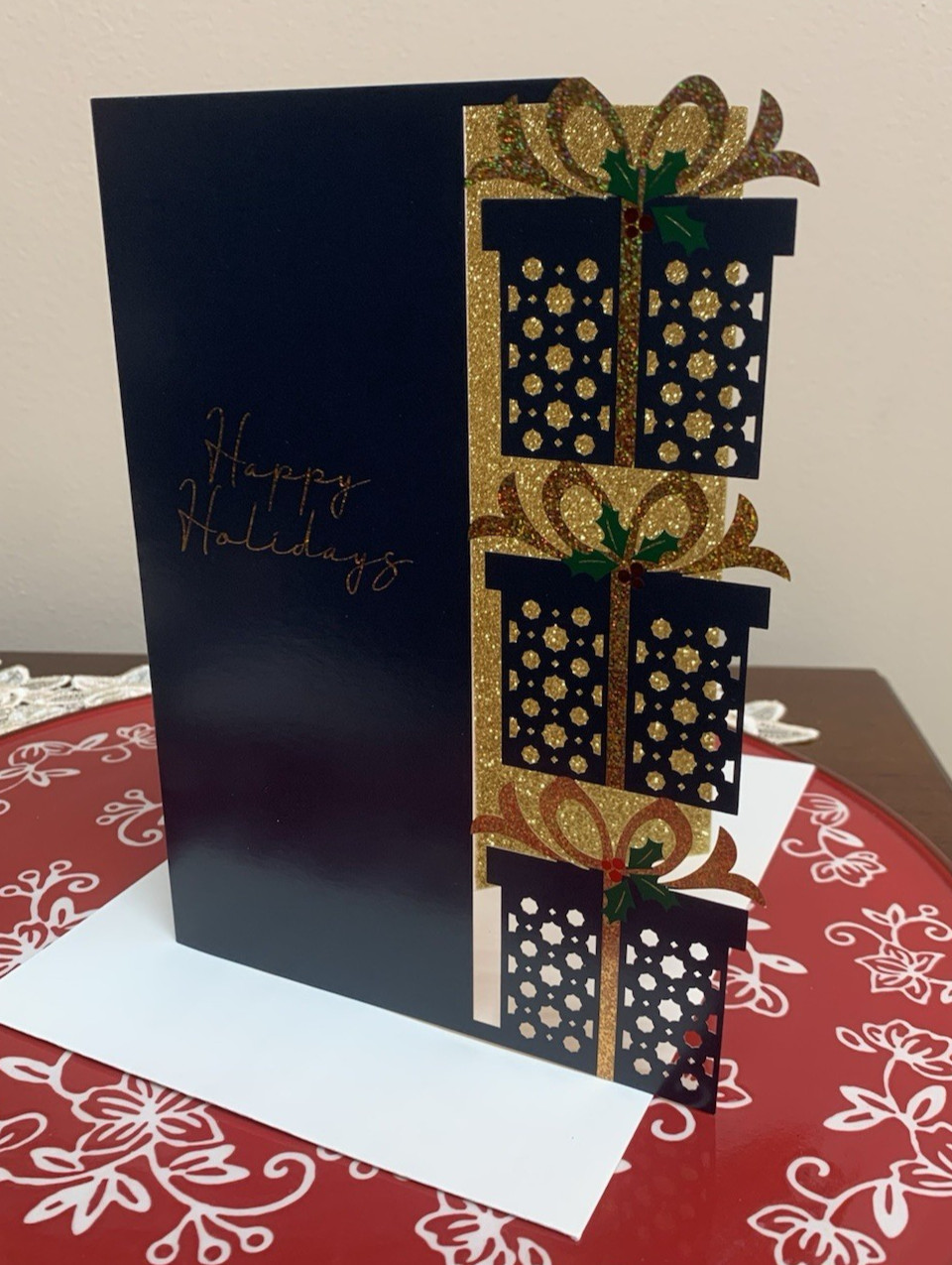 Happy Holidays Navy Blue Gold Gift Gifts Die Cut Burgoyne Greeting Card
