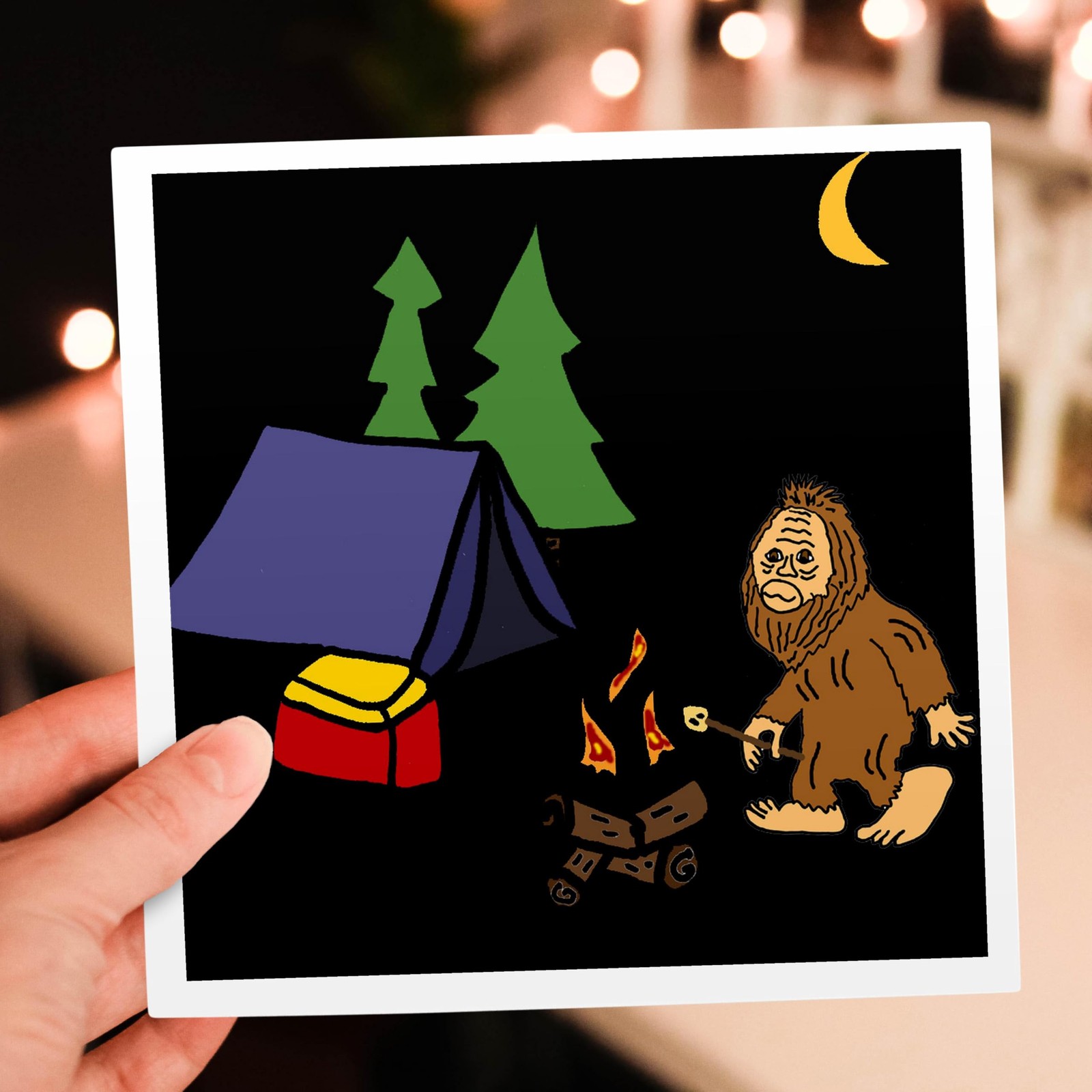 3dRose Greeting Card – Cute Funny Unique Bigfoot Camping Cartoon – Funny