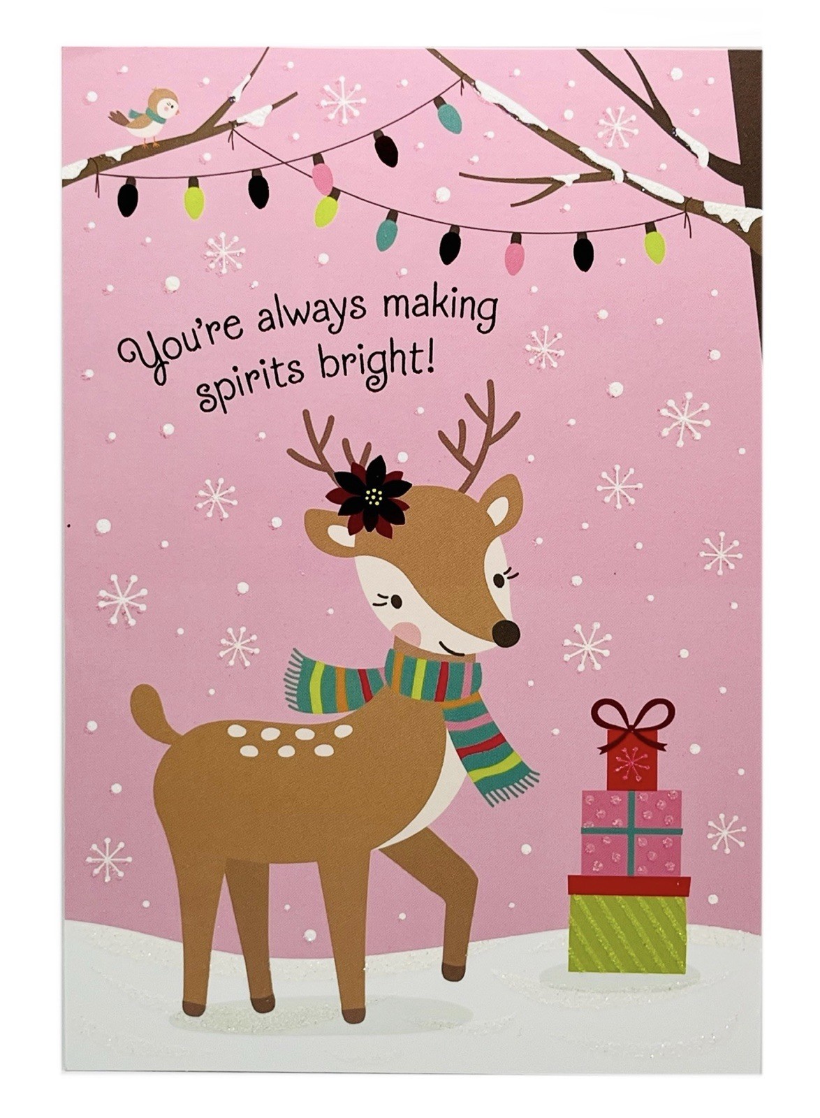 Christmas Card For Kid Cute Deer Making Spirits Bright Pink Hallmark Card