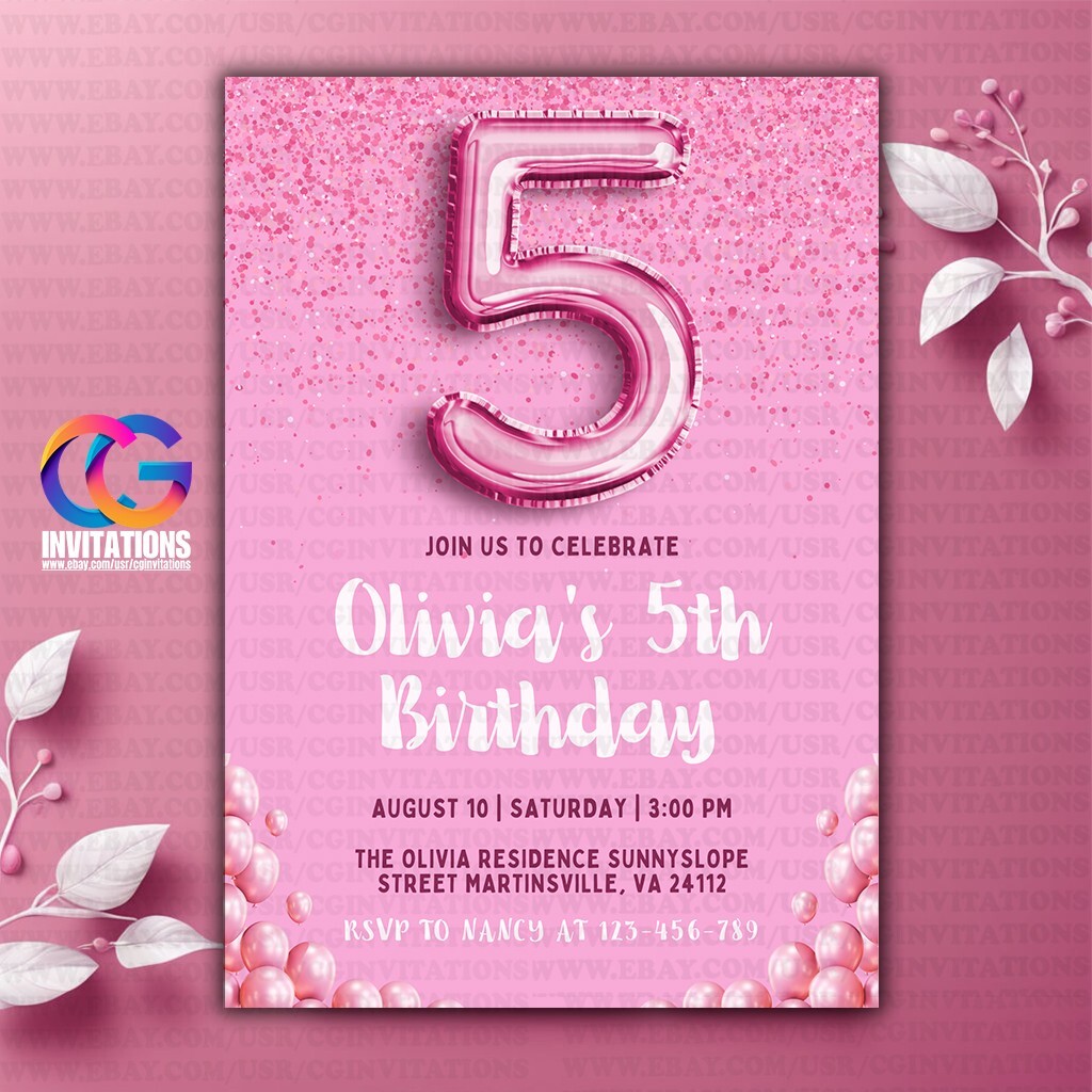 EDITABLE 5th Birthday Party Invitation Template, Pink Girls Birthday Invitation