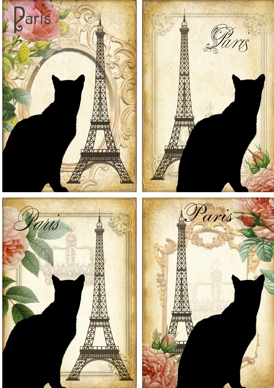 8 Black Cat in Paris with Eiffel Tower glossy blank fold out Note Card envelopes