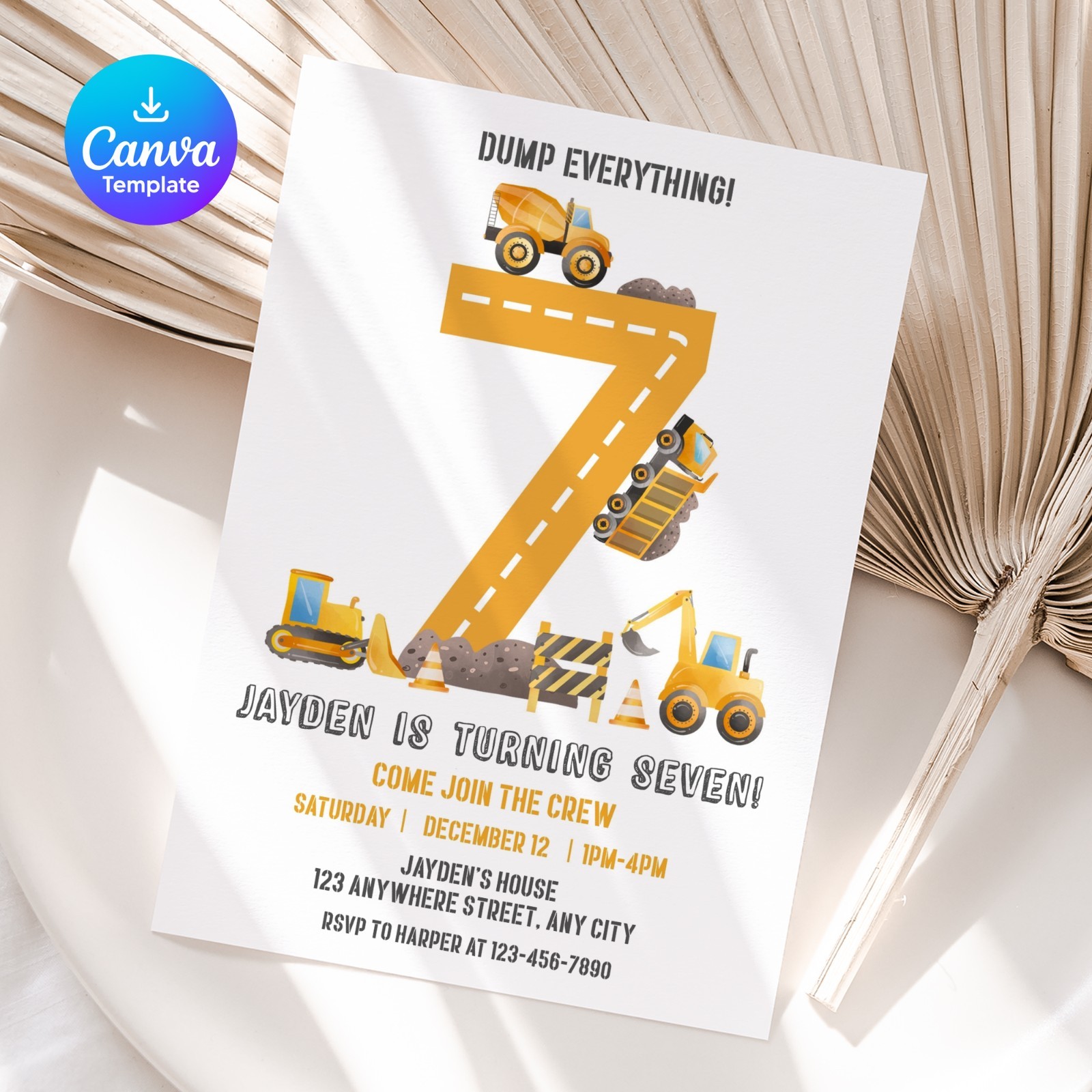 Construction 7th Birthday Invitation – Editable Canva Template – Printable 5×7