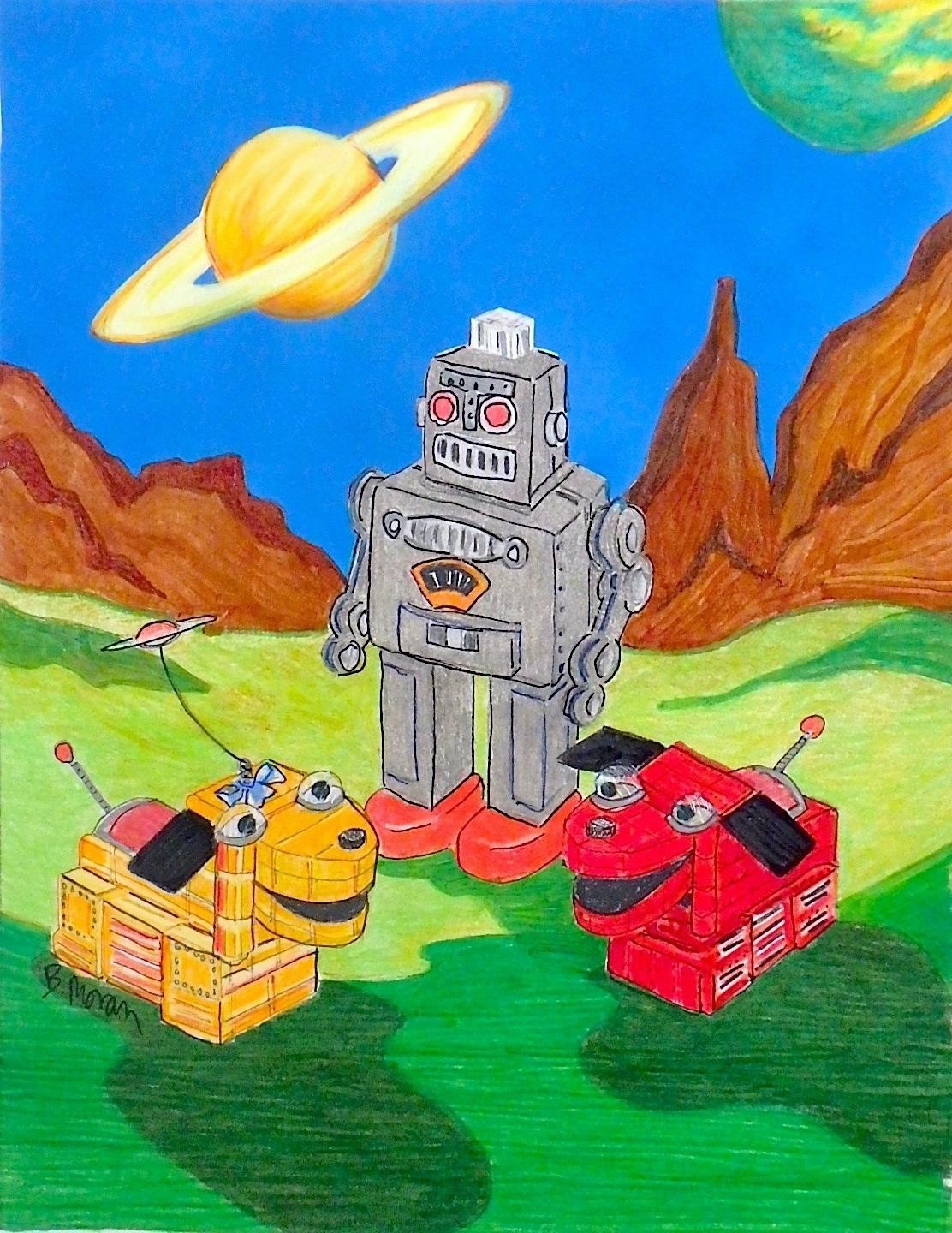 Vintage Japanese Space Toy Original Artist Print Note Cards- Space Dogs