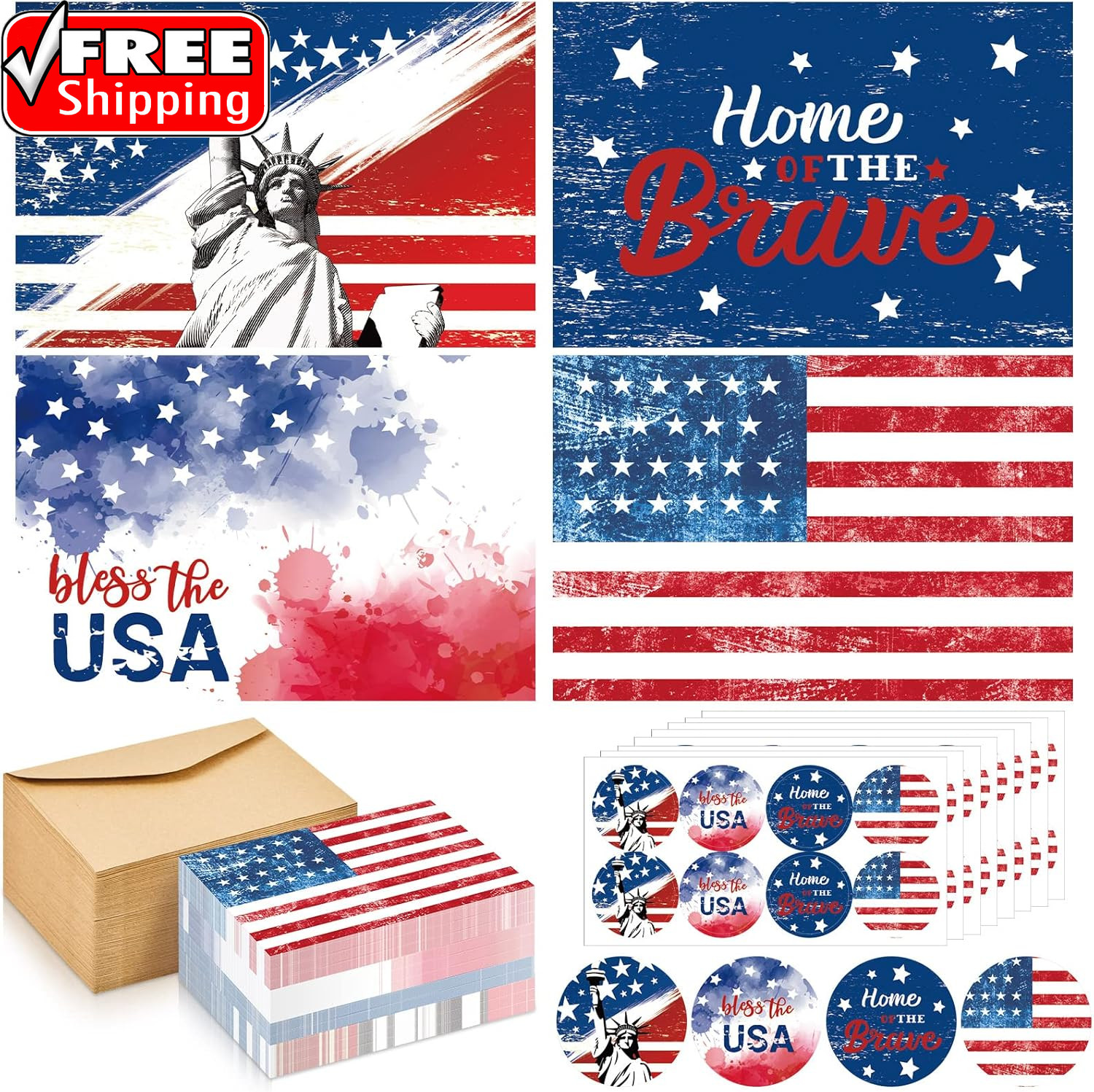100 Sets Patriotic Greeting Cards with Envelopes Stickers 4 X 6 Inch American Fl