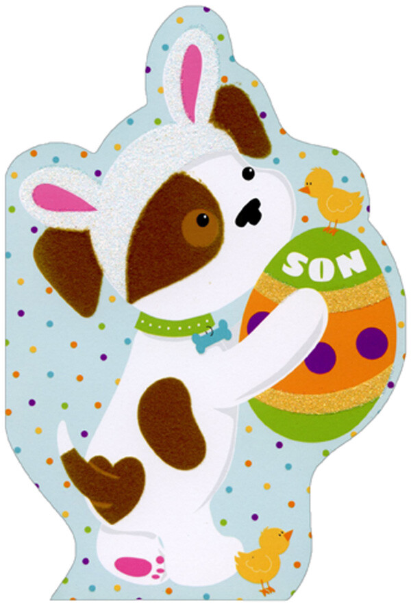 Pictura White Puppy with Fuzzy Brown Spots Holding Egg Easter Card for Son