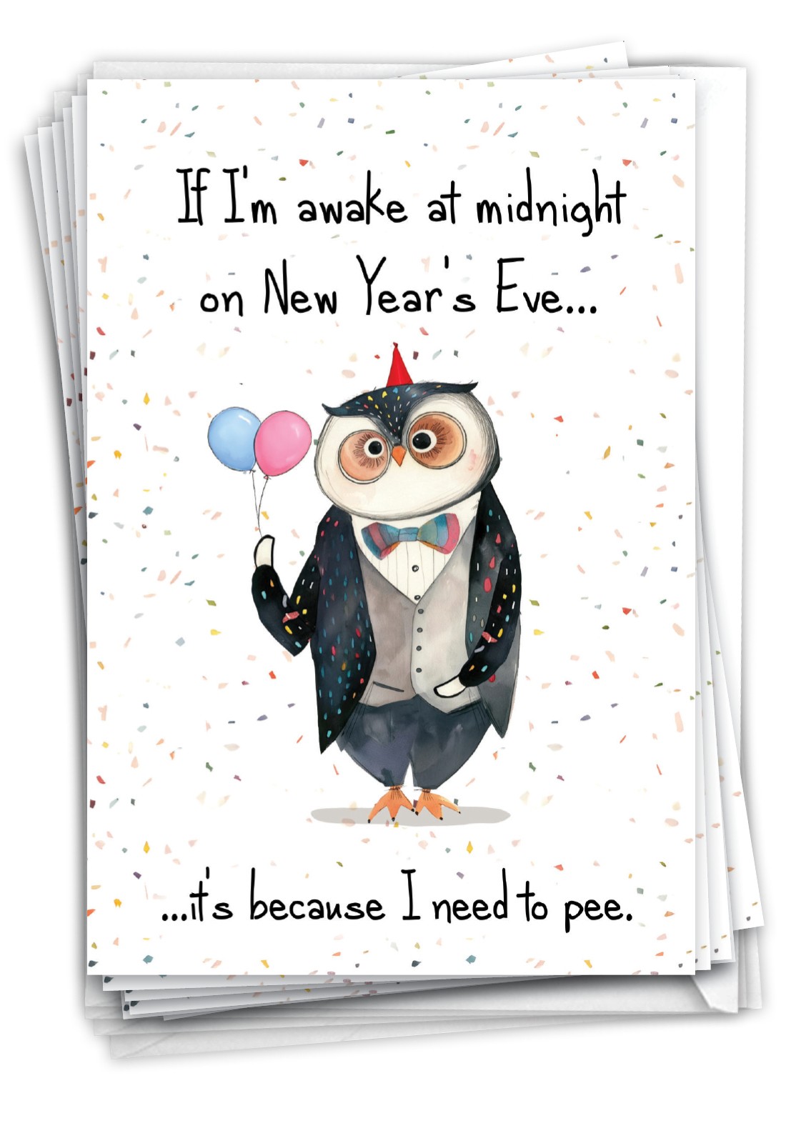 12 Funny New Year Cards w/ Envelopes (1 Design, 12 Each) – Awake At Midnight