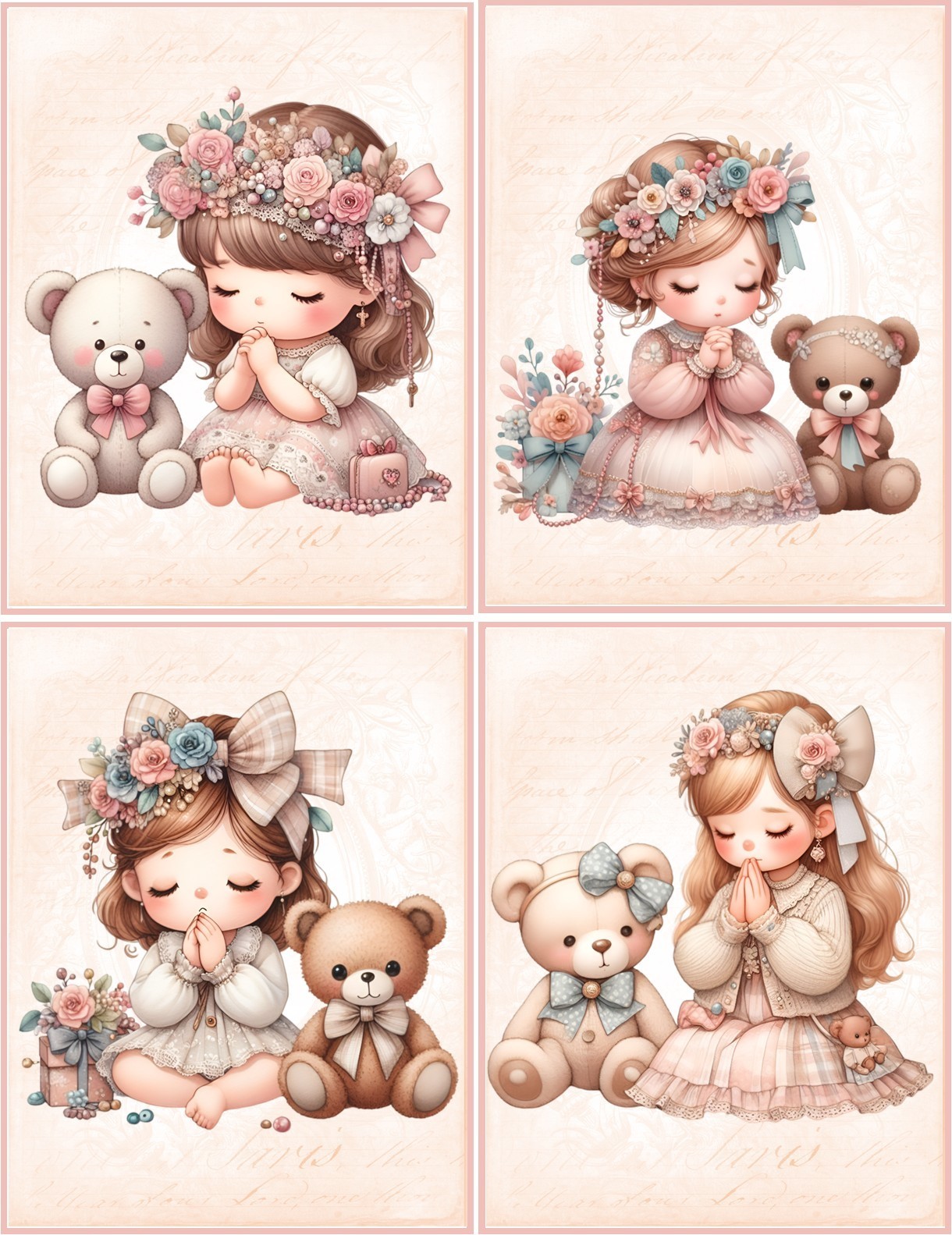 8 Little Girl praying with Teddy Bear Shabby Chic fantasy glossy blank Note Card