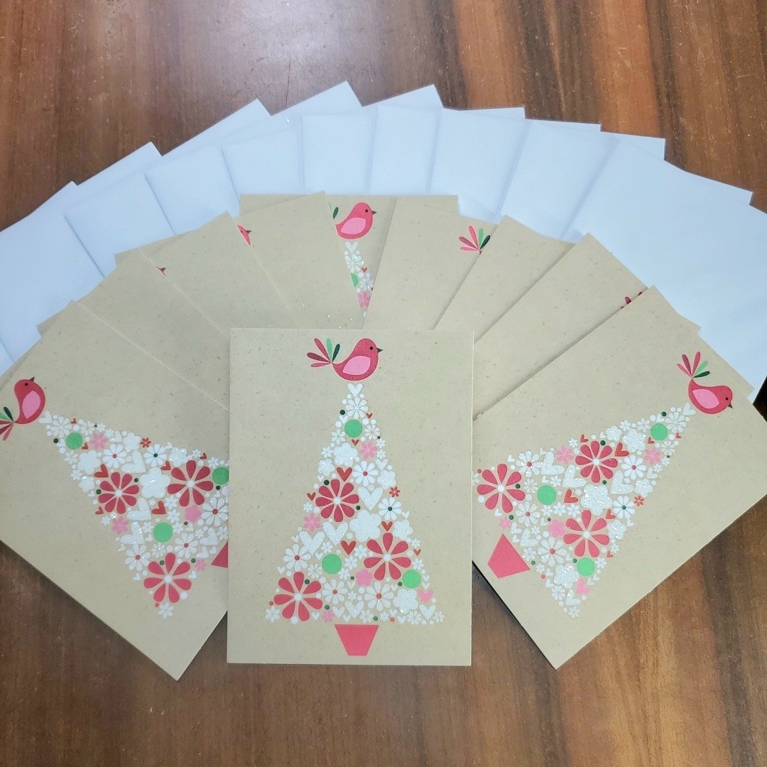 10 Blank Notecards Envelopes Glitter Partridge Pear Flower Heart Tree Thank You
