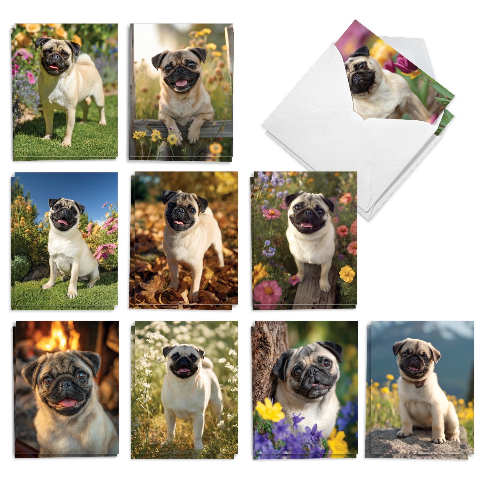 20 Assorted Blank Dogs All Occasions Notes Pack Set w/Envelope-Perky Pug Pups