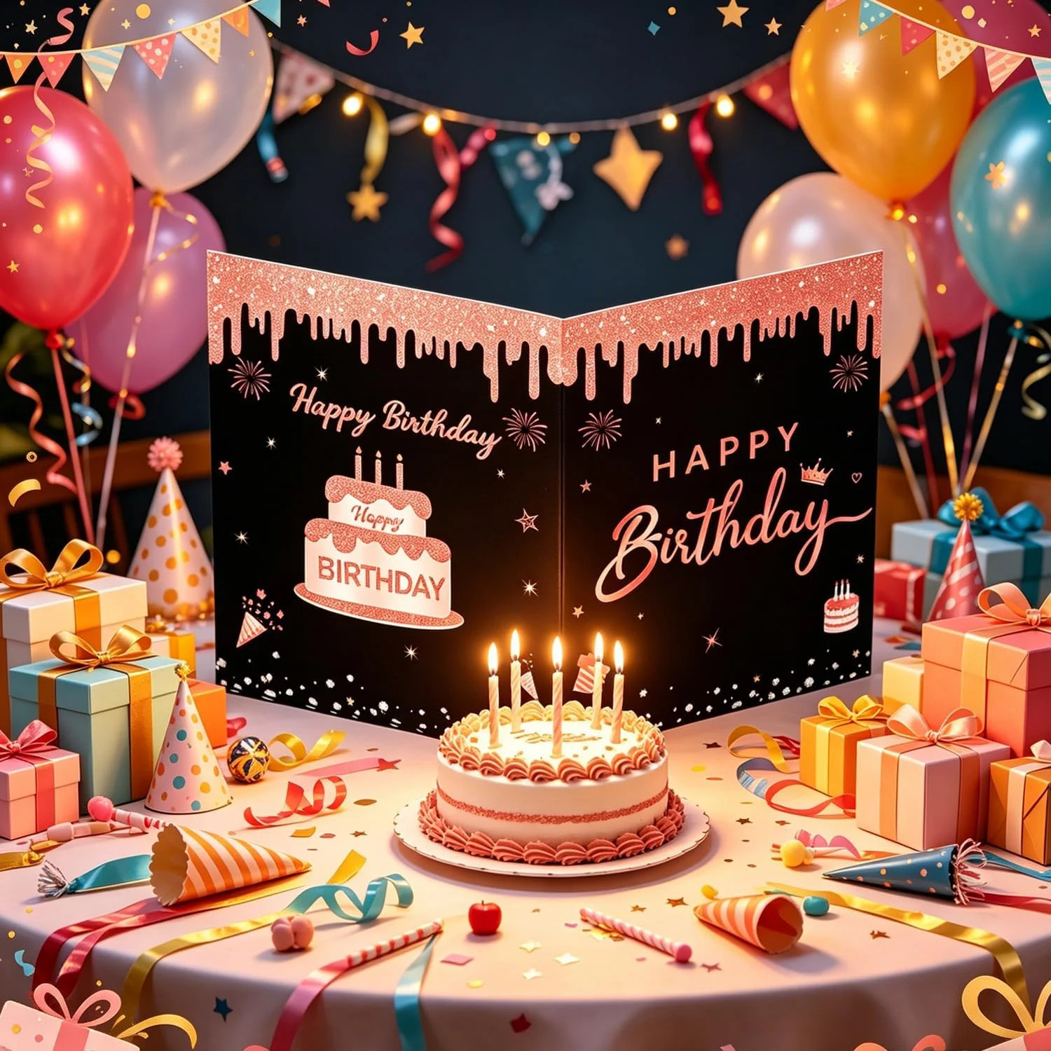 Black and Rose Gold Giant Birthday Card with Envelope, Large Happy Birthday Gues