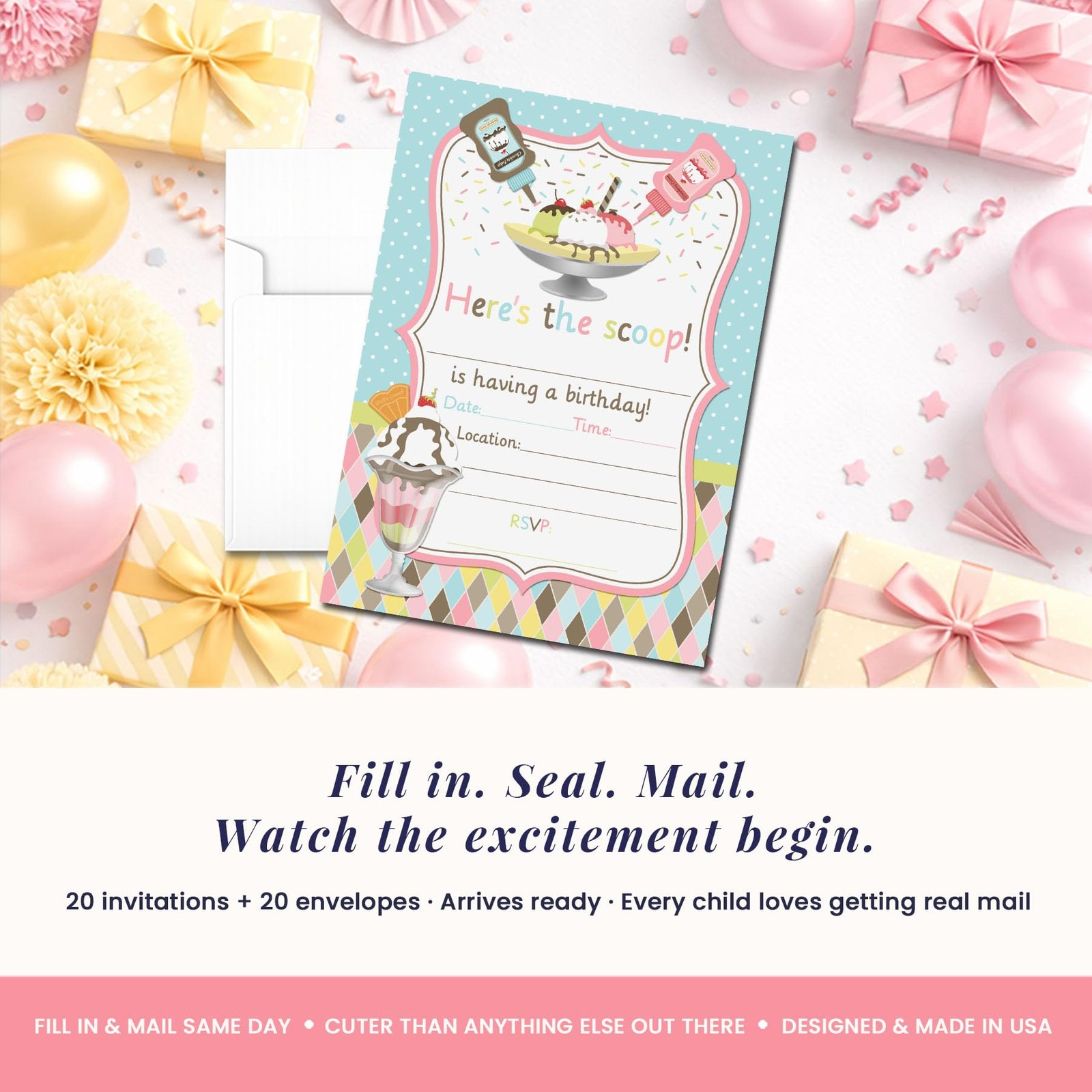 Banana Split Ice Cream Birthday Party Invitations 5×7 Inch Cards 20 PCS