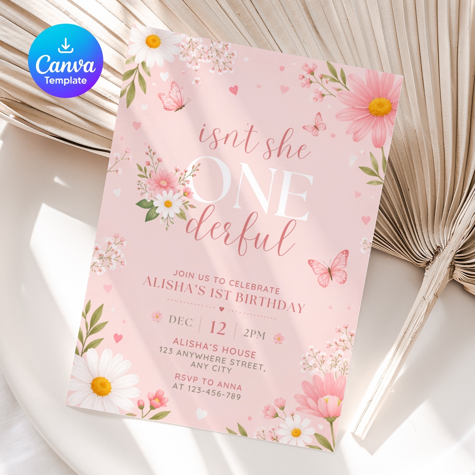 Isn’t She ONEderful 1st Birthday Invitation Pink Floral Butterfly Canva Edit