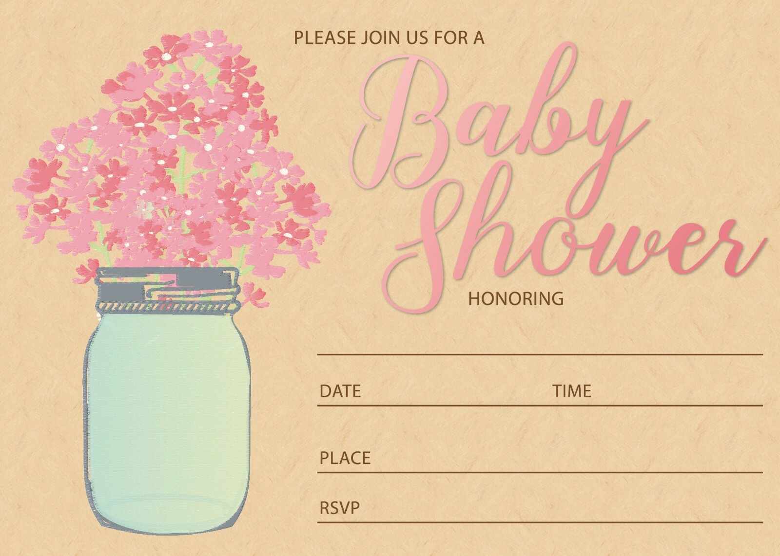 Mason Jar & Pink Flowers Baby Invitations – 25 Invites with Envelopes – B15203
