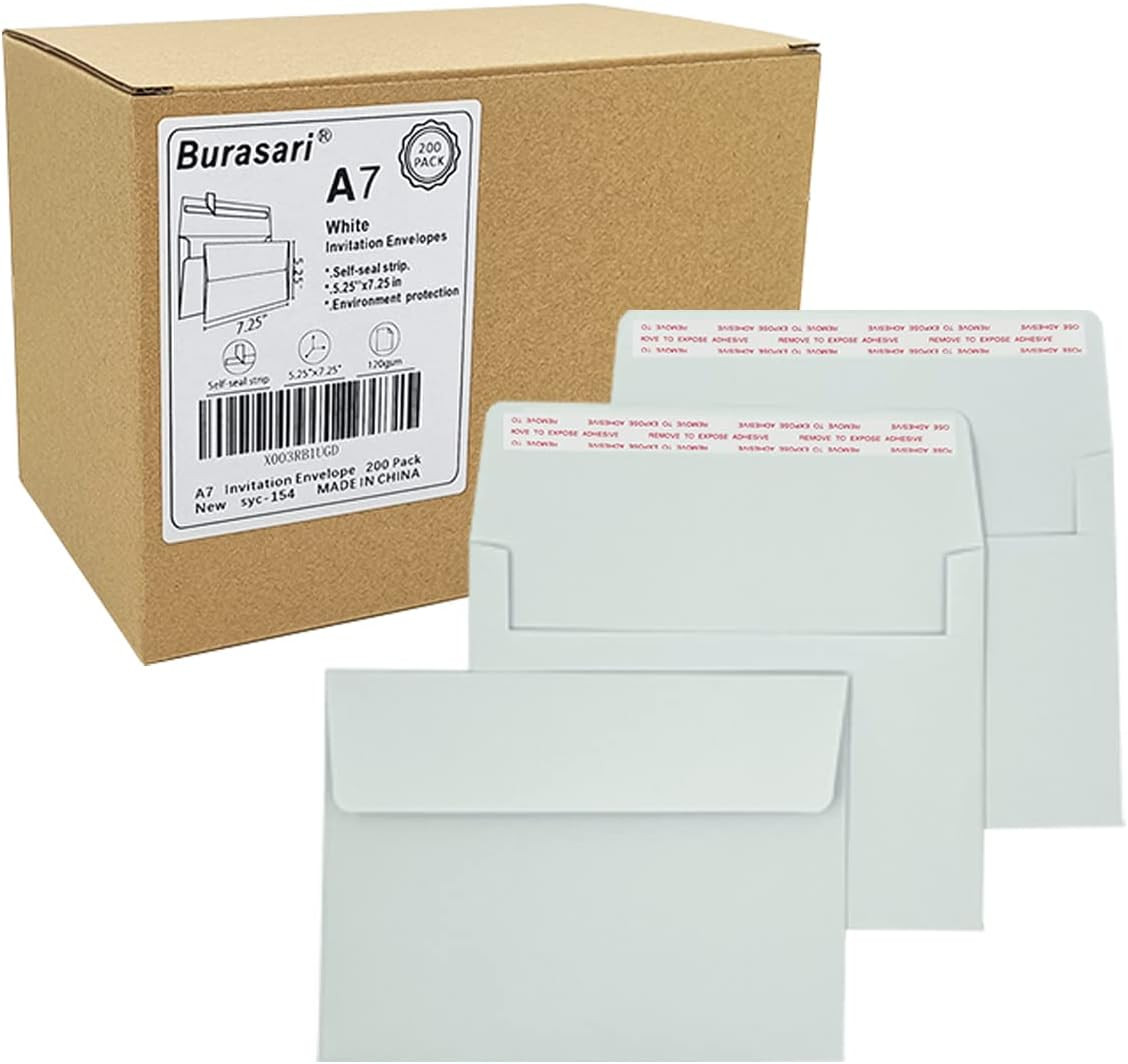 A7 Invitation Envelopes (200 PCS) – 5.25×7.25 in Windowless Design, 120GSM White