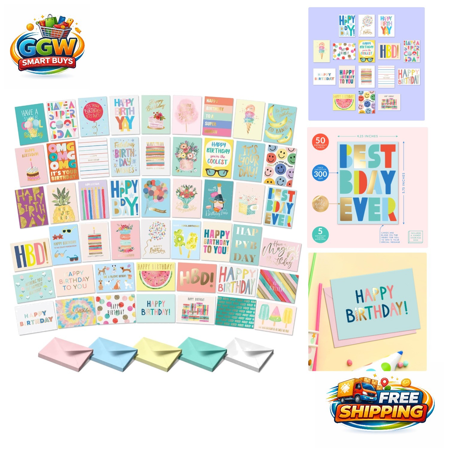 Unique Happy Birthday Cards with Envelopes – 50 Count Assortment for All Ages