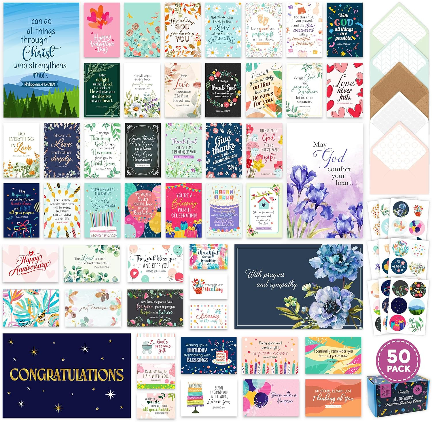 50 Pack 4x6in Christian Greeting Cards Assortment Box with Envelopes and Stic…