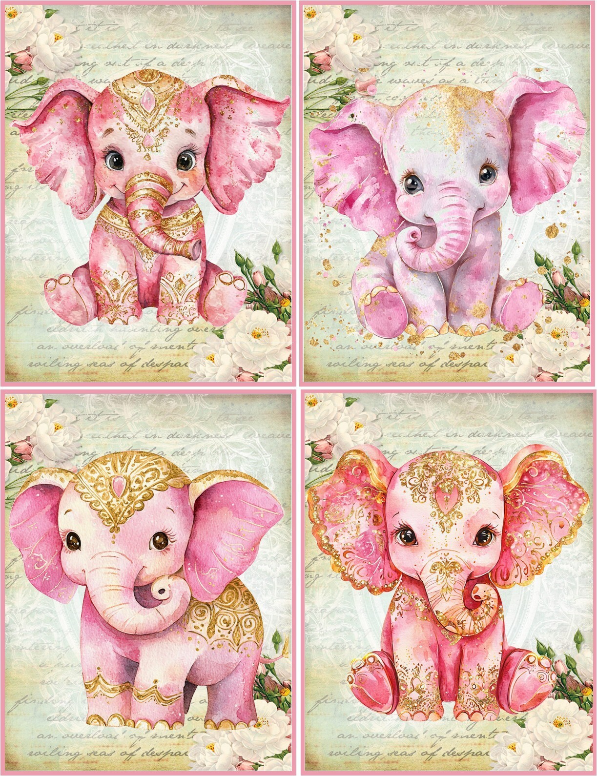 8 PINK ELEPHANT SHABBY CHIC FANTASY VINTAGE WHIMISCAL GLOSSY BLANK NOTE CARD