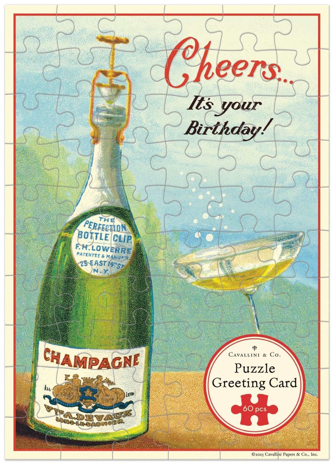 Cavallini & Co. Champagne Birthday Puzzle Greeting Card, 60-Piece Puzzle Card