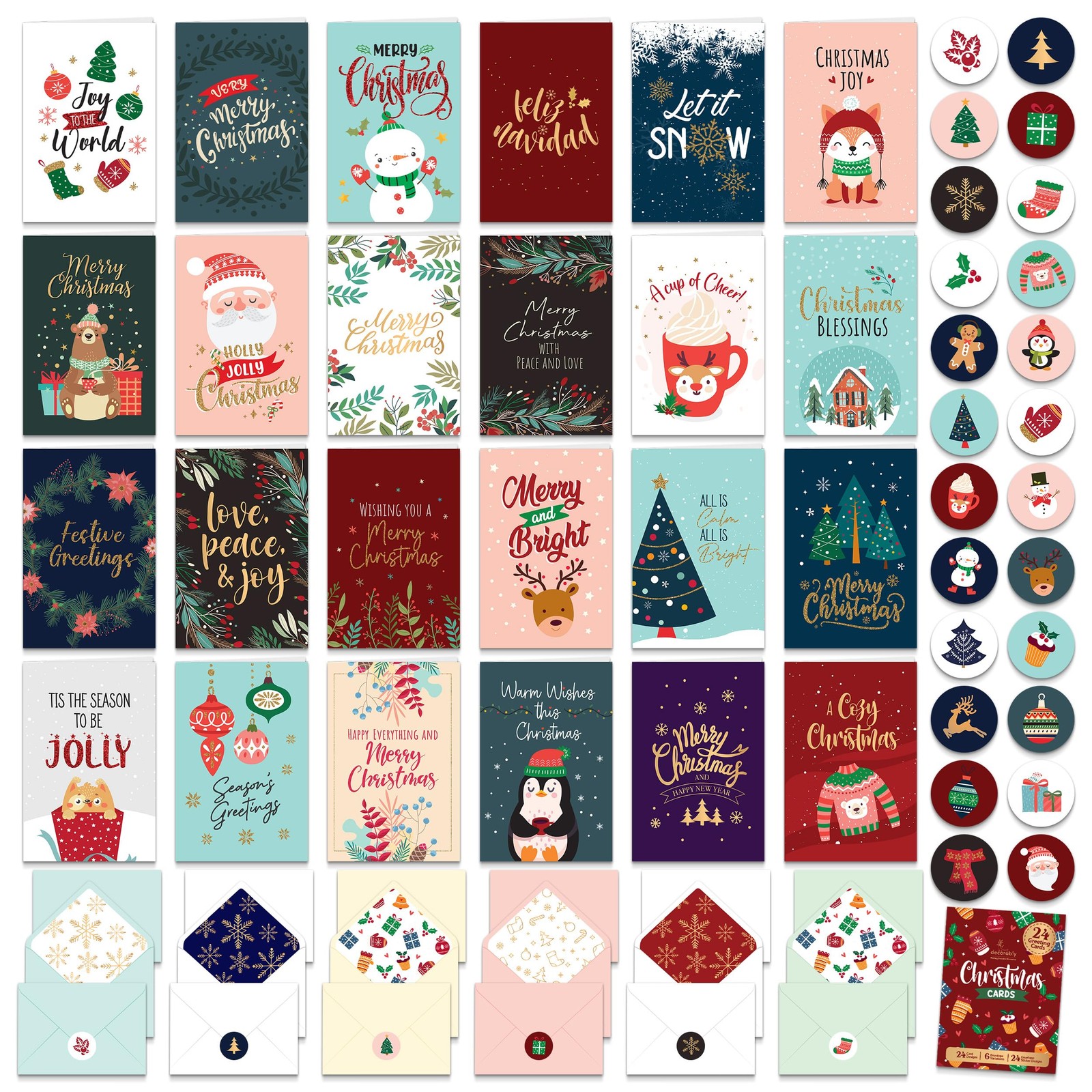 Decorably 24 Pack Foiled & Glittery 6x4in Assorted Box Christmas Cards with E…