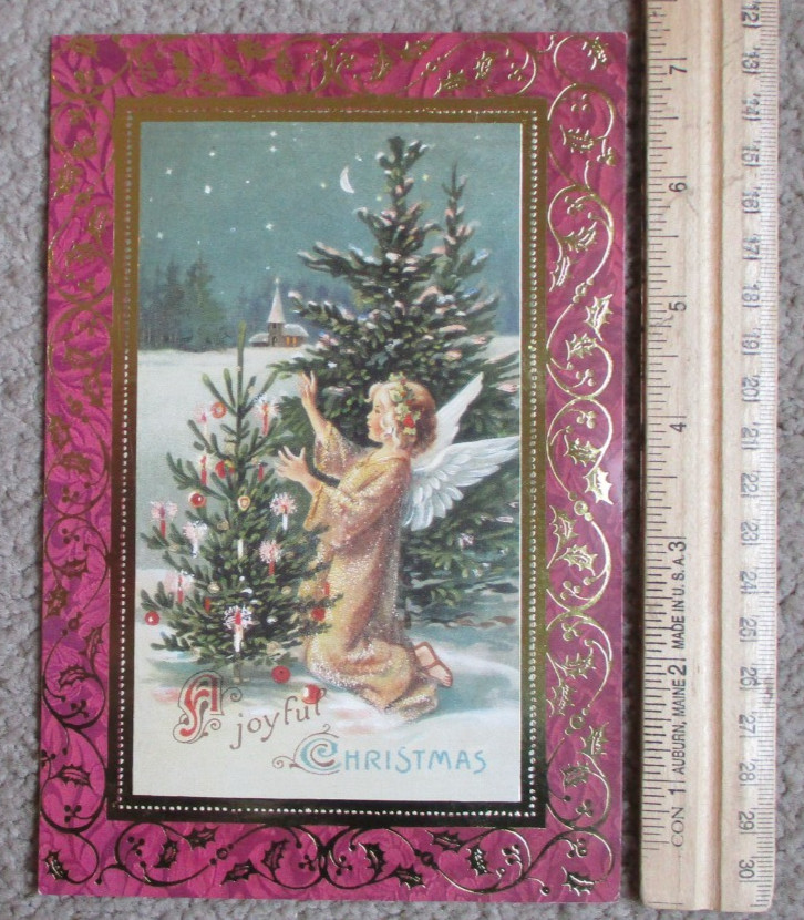 ANGEL GIRL DECORATING TREE Christmas Greeting Card New w/ Envelope MG101
