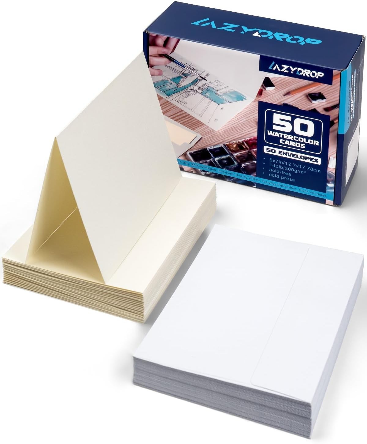Watercolor Cards and Envelopes Set – 50 Folded 5X7 Inch Blank Heavyweight Paper