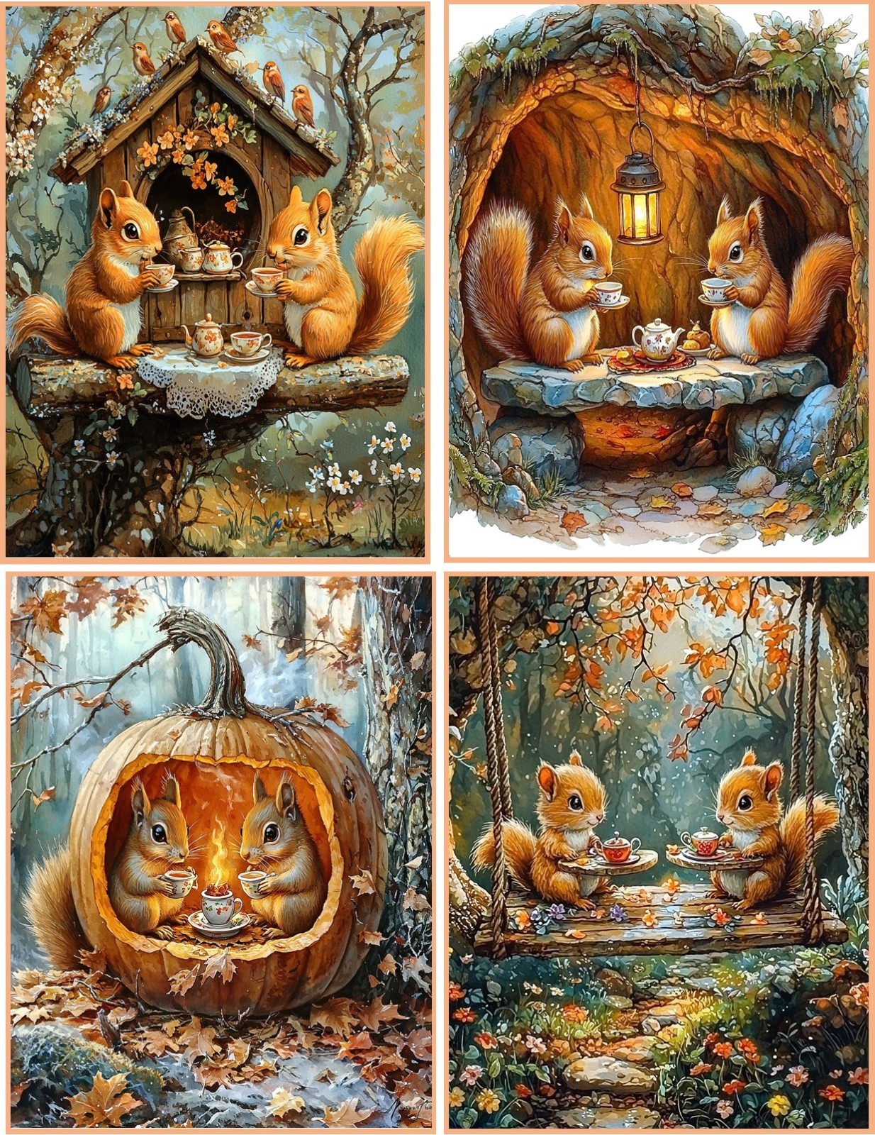 8 Squirrel Fantasy Tea Party Tree House glossy blank fold out Note Card Set 1