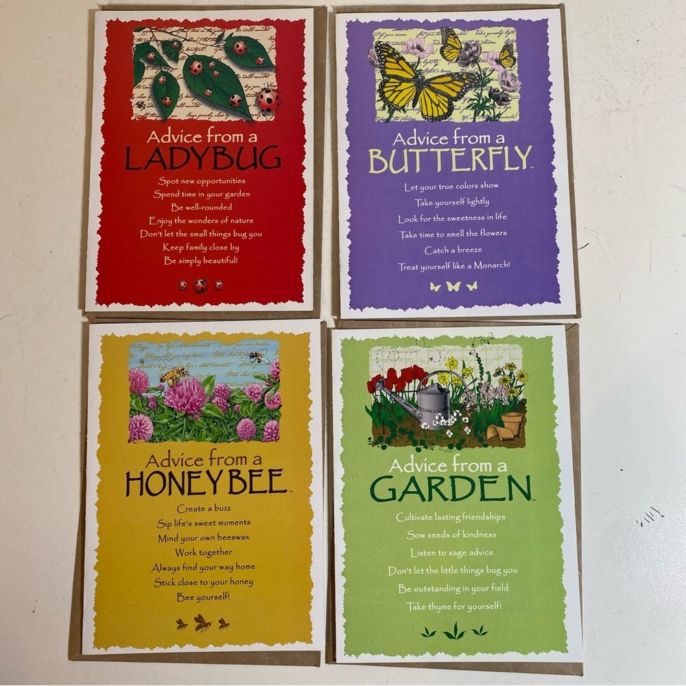 Advice From A Garden, Honey Bee, Lady Bug, Butterfly Set of 4 Cards, 1 of Each